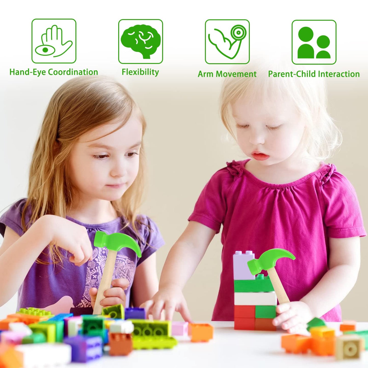 2 Pack Wooden Hammer Toys Simulation Hammers Maintenance Tools Educational Toys For Kids Birthday Party Games Supplies (Green)