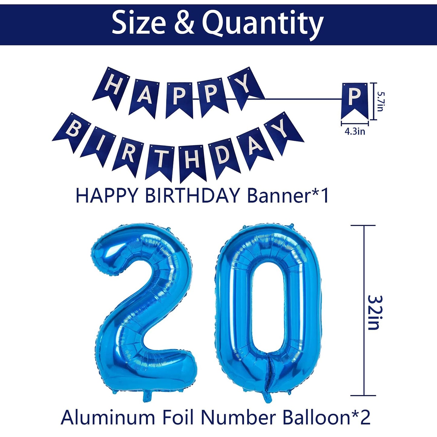 Naninuneno 20Th Blue Birthday Party Decorations For Boy Girl Men Women, Happy 20 Birthday Balloons Supplies With Happy Birthday