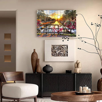 Diiopoty Puzzles for Adults Jigsaw 500 Piece Amsterdam Spring Quiet River Sunrise Flower with Bicycles for Family Fun Games Chal