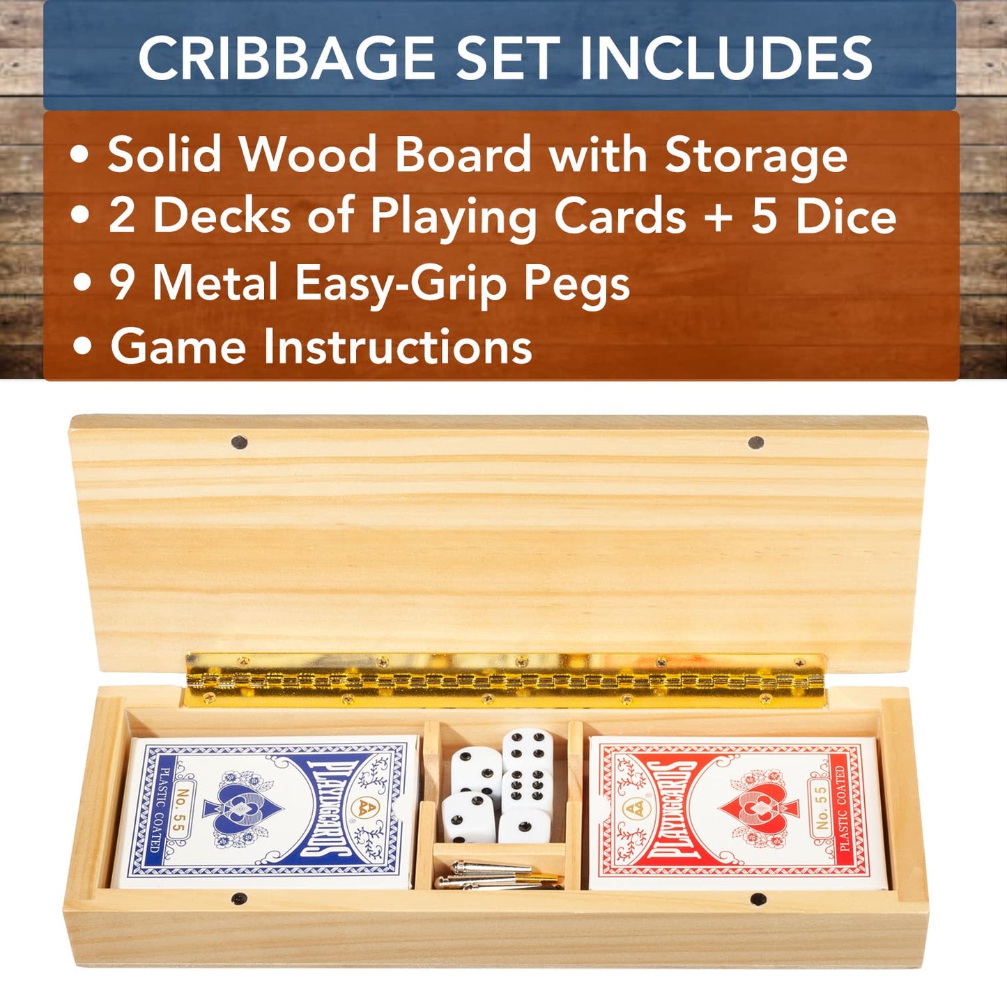 We Games 3 Player Wooden Cribbage Set - Easy Grip Pegs And 2 Decks Of Cards Inside Of Board - Natural Wood
