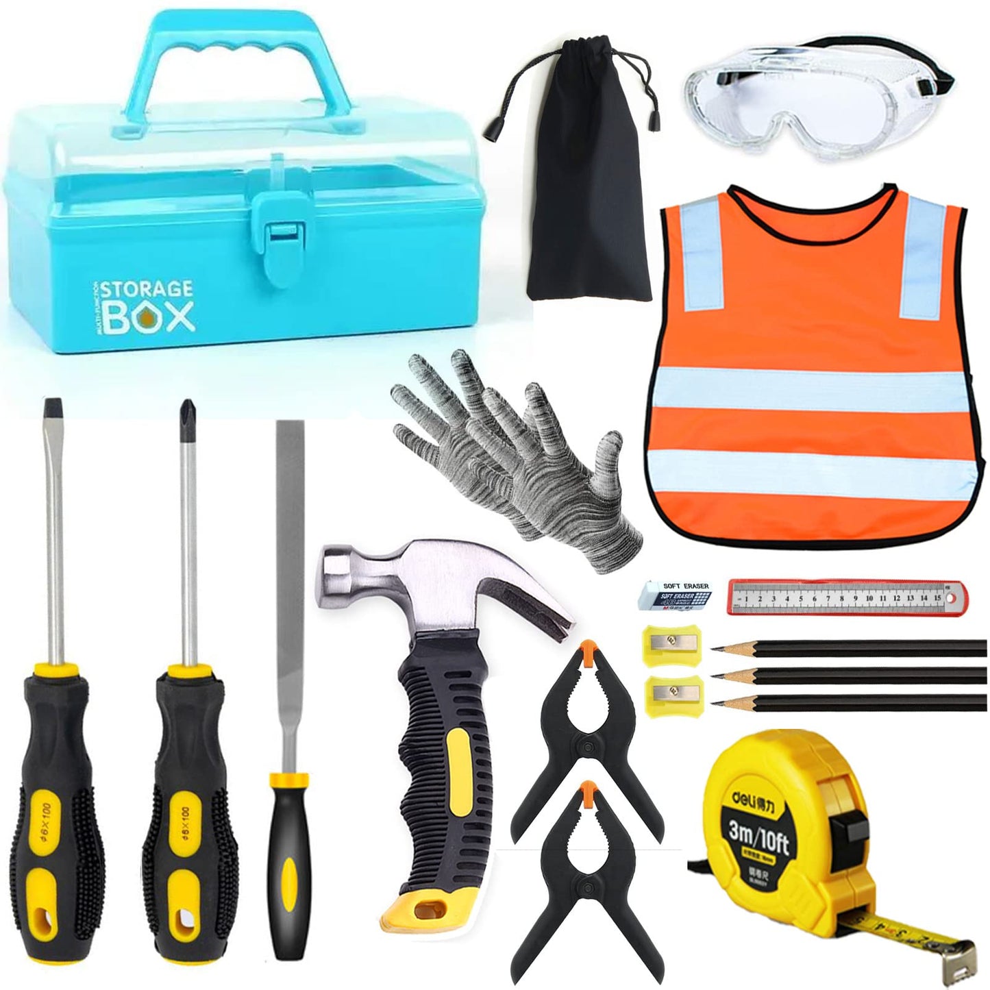 QeeHeng Kids Real Tool Set - 20Pcs Construction Tool with Blue Toolbox and Protective Clothing, Woodworking Tool Set for Beginne
