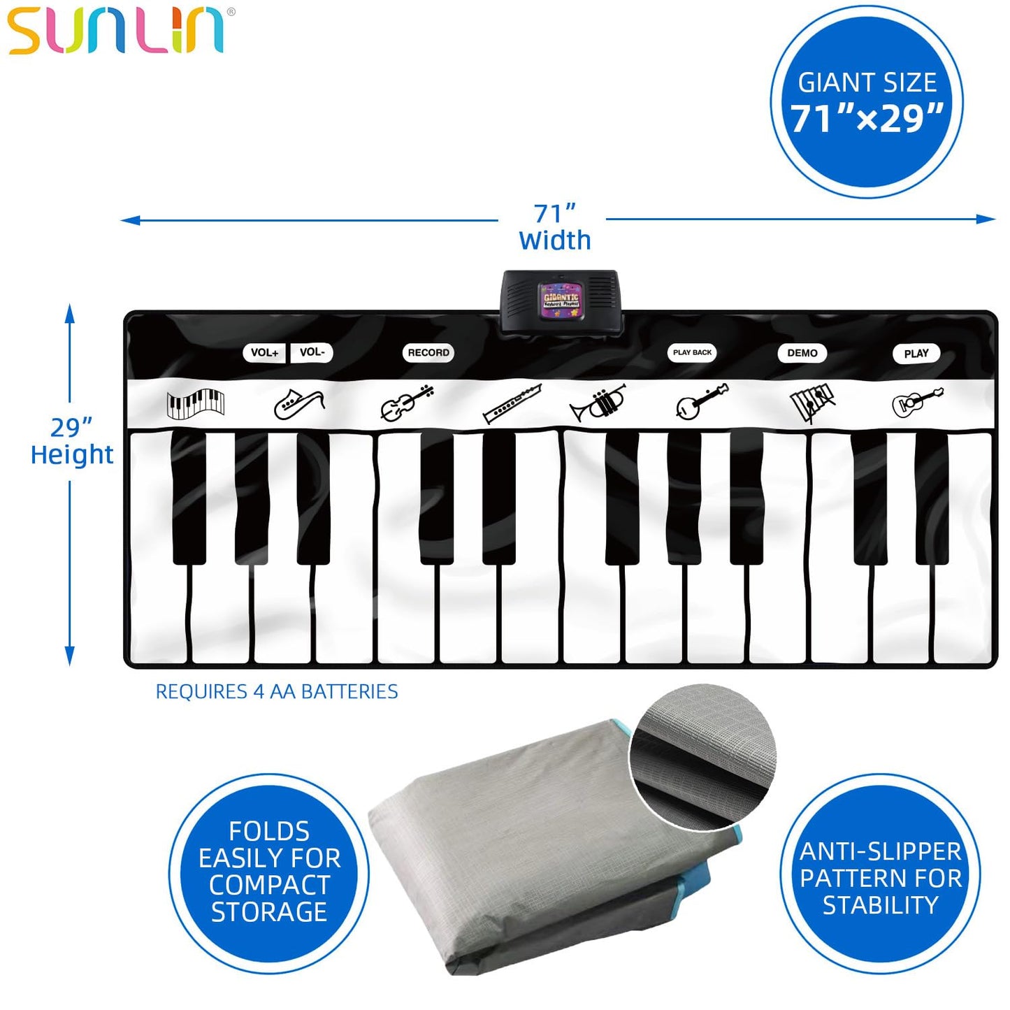 Sunlin 6Ft. Piano Mat, Floor Keyboard Playmat: 24 Keys, 10 Demos, 8 Instrument Sounds, Record & Playback, Giant Interactive Musical Toys Gifts For Boys & Girls Age 3 4 5 6 7 8 9 Years Old