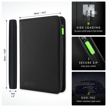 Vault X 9 Pocket Trading Card Zip Binder 360 Cards enhanced Exo-Tec Album Material 20 Side-Loading Pages Folder for Collectible Games Sports TCG (Black)