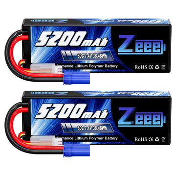 Zeee 2S Lipo Battery 7.4V 5200mAh 80C Hard Case Battery with EC5 Plug Compatible with 1/8 1/10 RC Vehicles Car Slash RC Buggy Tr