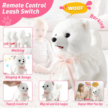 Walking Barking Singing Samoyed Puppy Toy, Repeats What You Say, Realistic Licking Tongue Wagging Tail Mechanical Dog With Touch Or Handle Control, Interactive Musical Plush Pet For Kids
