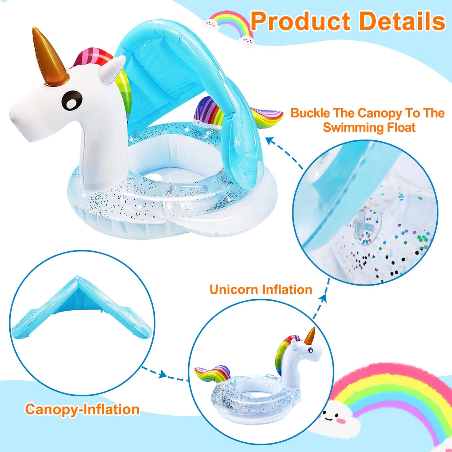 Unicorn Baby Swimming Pool Float With Canopy, Glitters, Seat & Safety Handle, 2024 Summer Baby Floats For Pool, Inflatable Baby Floaties For 8-36 Months Toddler Boy Girl Summer Outdoor Party Favor