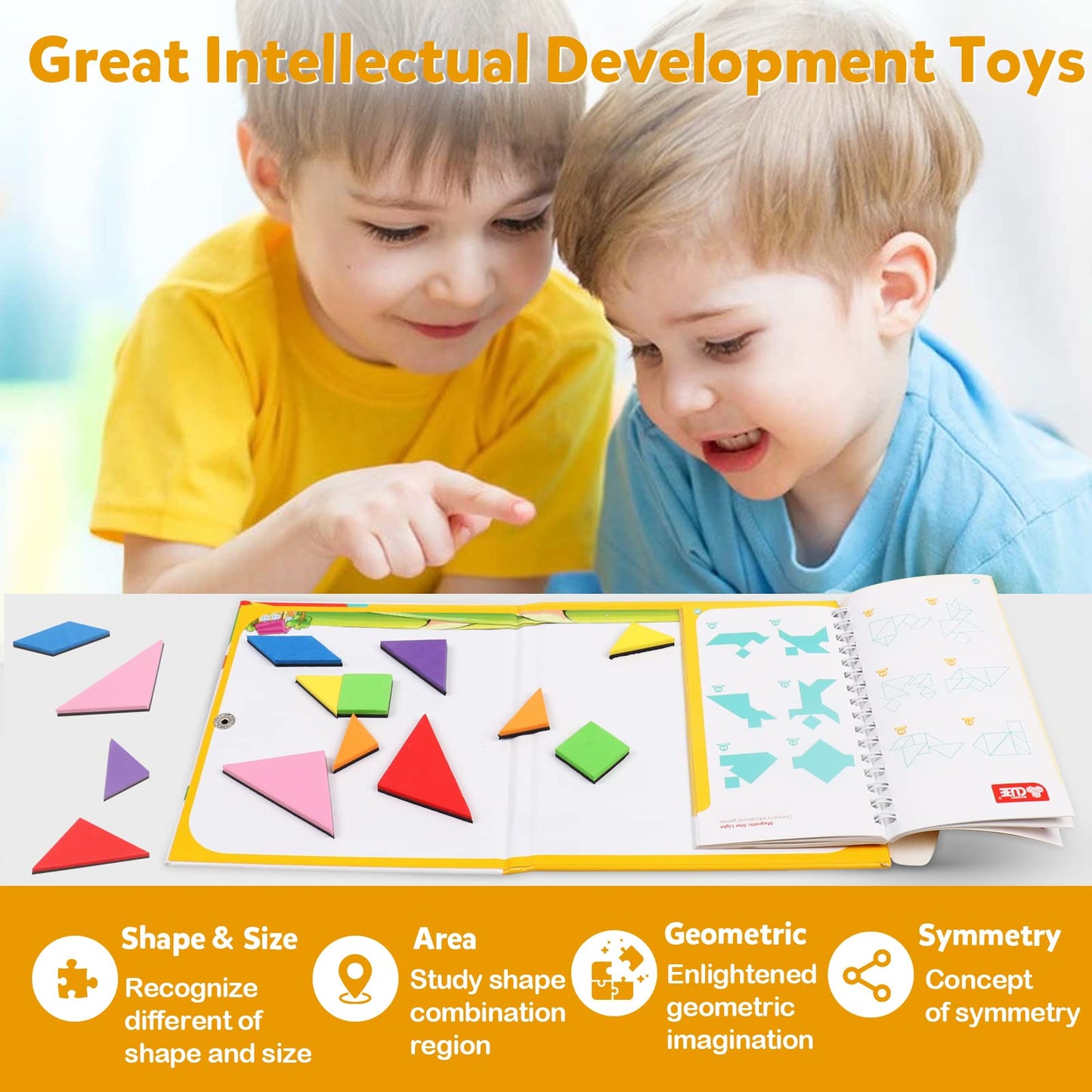 Travel Tangram Puzzle Magnetic Puzzle Book Game Road Trip Game Jigsaw Shapes Dissection STEM Games with Solution IQ Educational Toy for Kid mature-themed Challenge Brain Teasers 240 Patterns(2Pcs Tangrams)