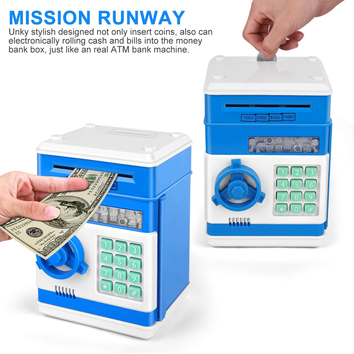 Adsoner Cartoon Piggy Bank, Electronic Atm Password Cash Coin Can Auto Scroll Paper Money Saving Box Gift For Kids (Blue)