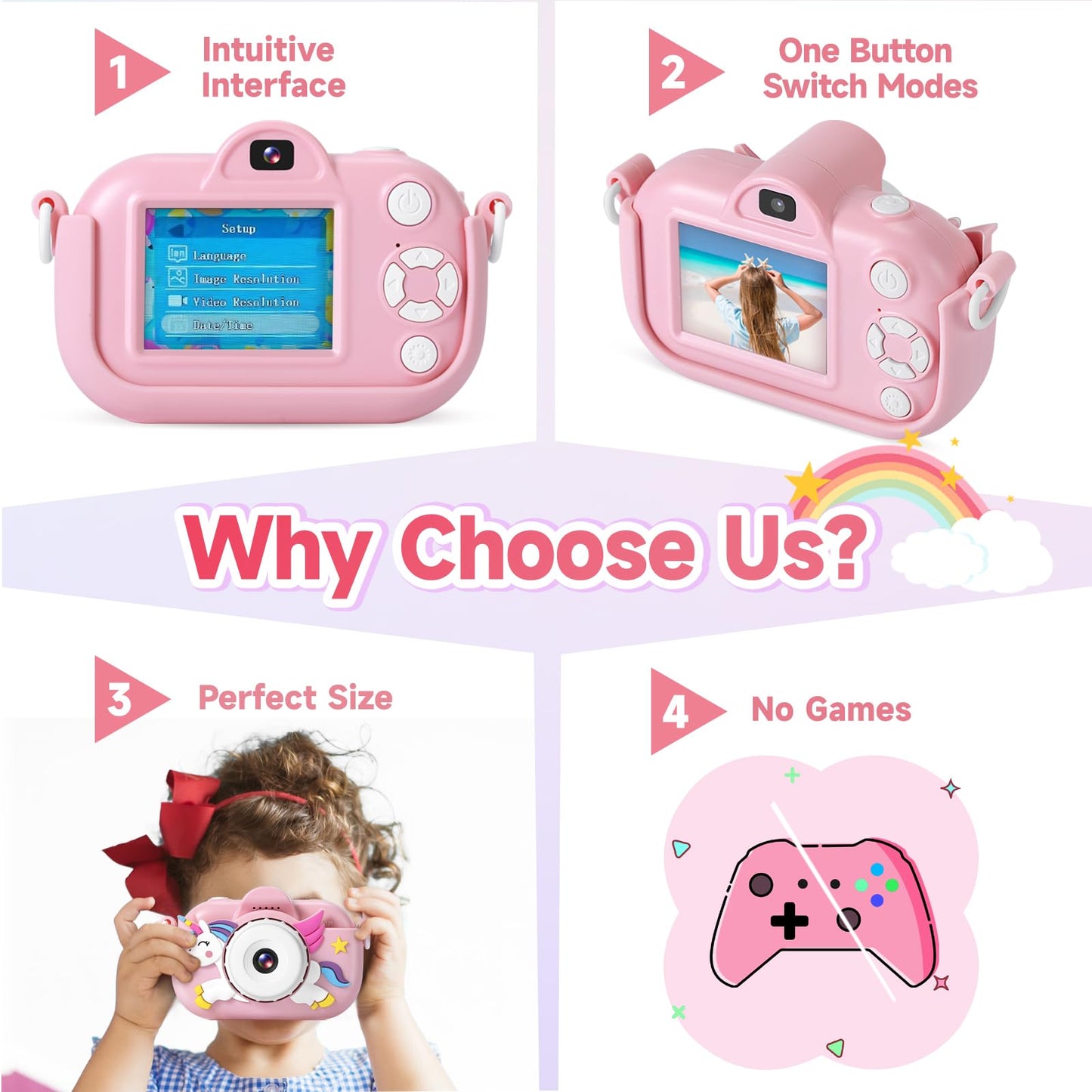 Zuodun Kids Camera Toys For Girls Age 3-8, Kids Digital Camera Toddler Camera For 3 4 5 6 7 8 Years Old Birthday Gifts, 1080P Vi
