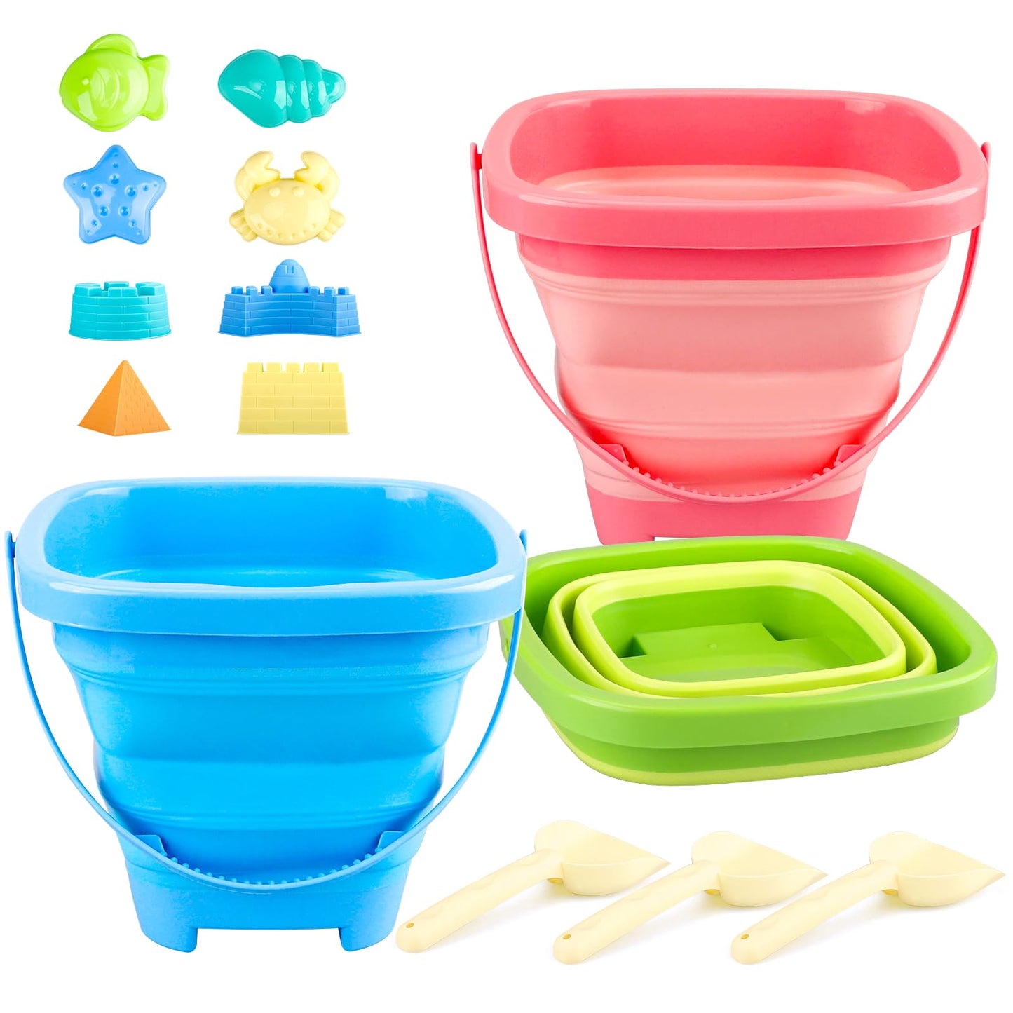 GAPER GO Beach Toys, 3Packs Collapsible Sand Bucket Set with Sand Castle Toys, Animal Molds, Shovel, Beach Essentials for Kids