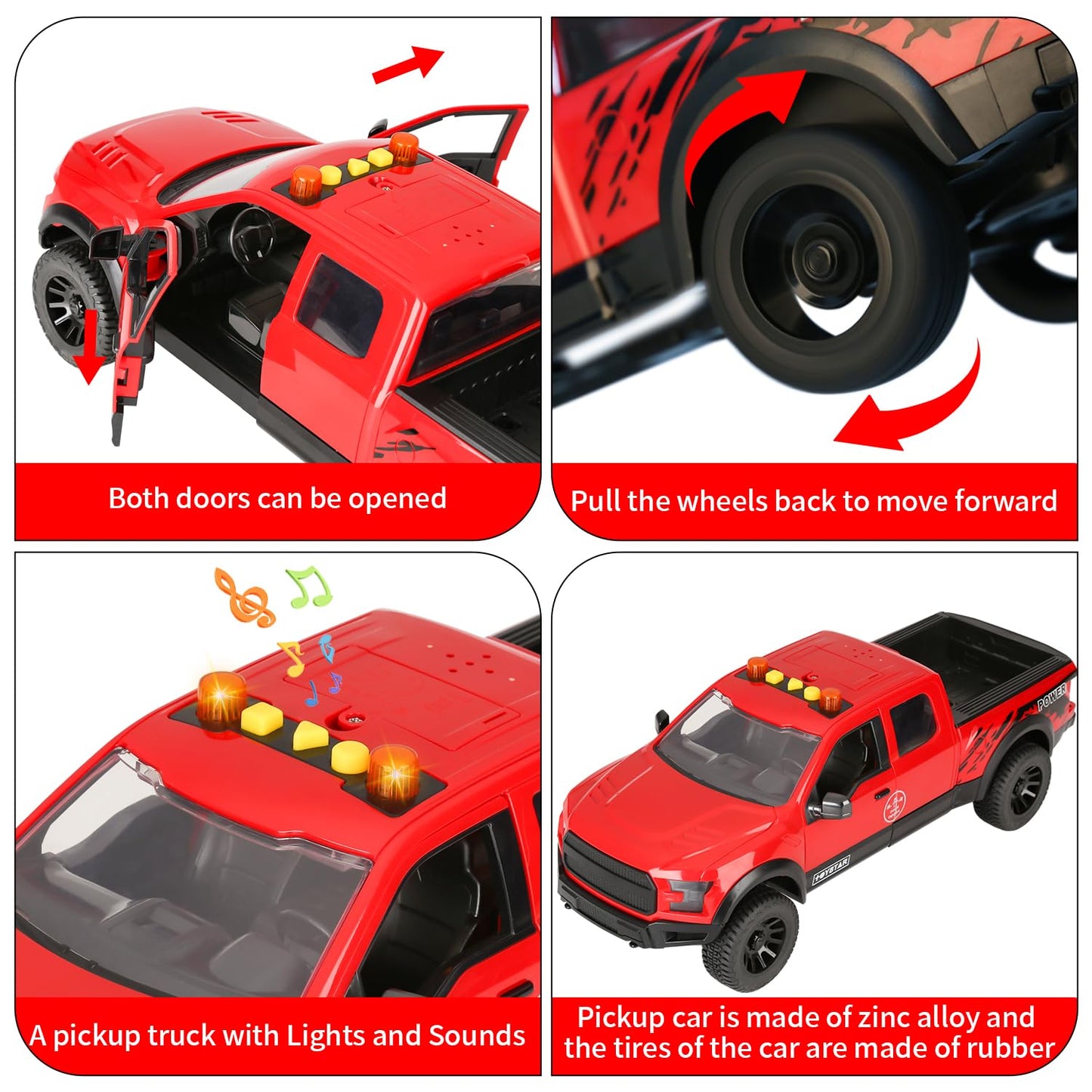 SASBSC Pickup Toy Truck Model Car for Boys Realistic Cars for Boys Ages 3 4 5 6 Year Old Boys with Sound and Light Pull Back Tru