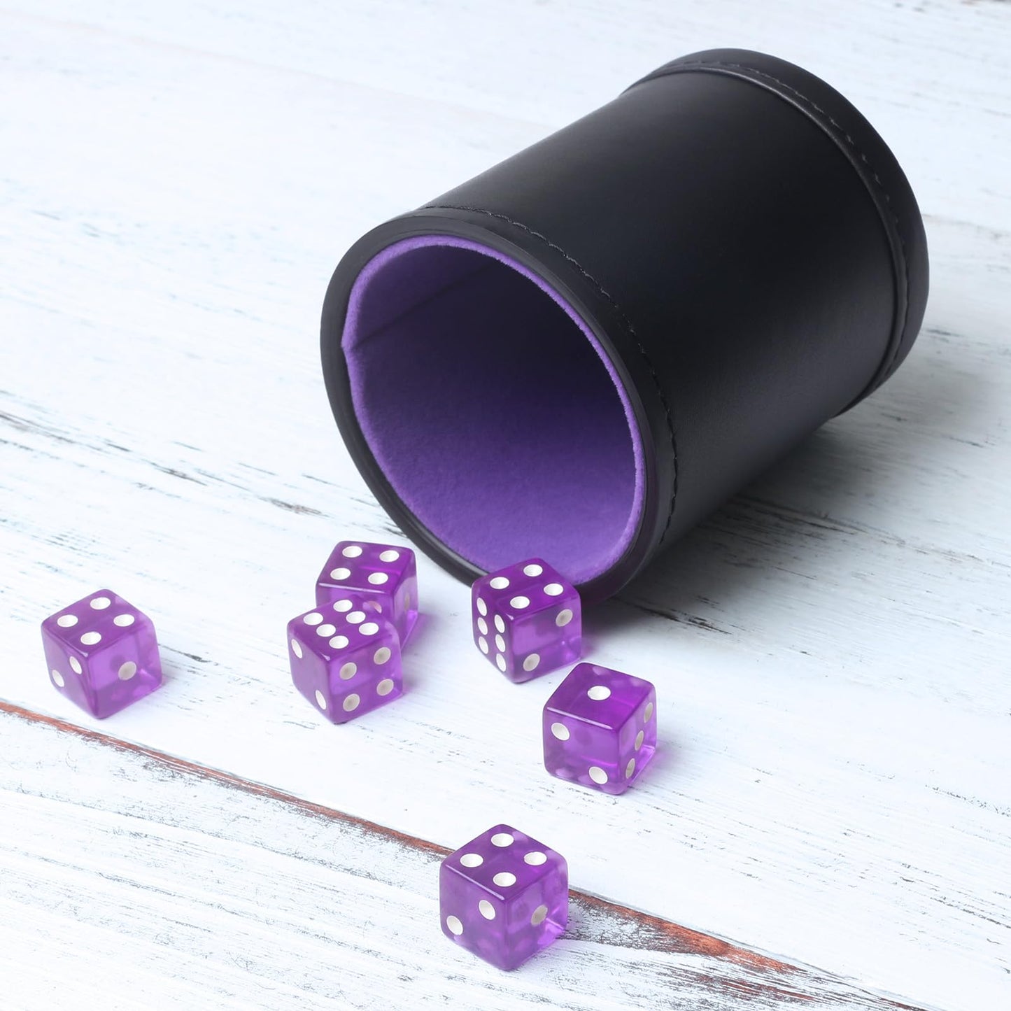 RERIVER PU Leather Dice Cup Set, Purple Velvet Interior Dice Cup Shaker Quiet with 6 Purple Translucent Dice for Liars Dice/Fark