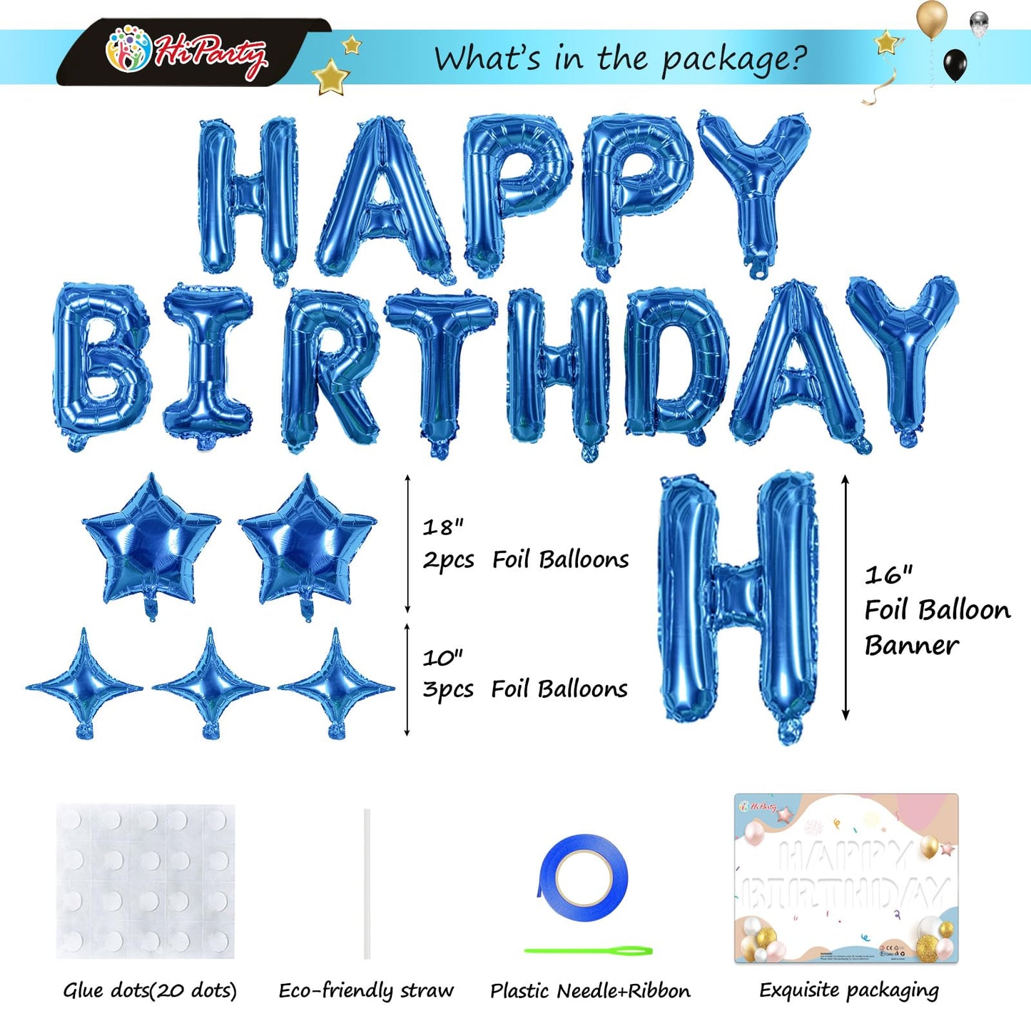 Hiparty 23Pcs Birthday Balloons Banner, 3D Blue Premium Mylar Foil Ecofriendly Letter Happy Birthday Banner With 5Pcs Star Ballo