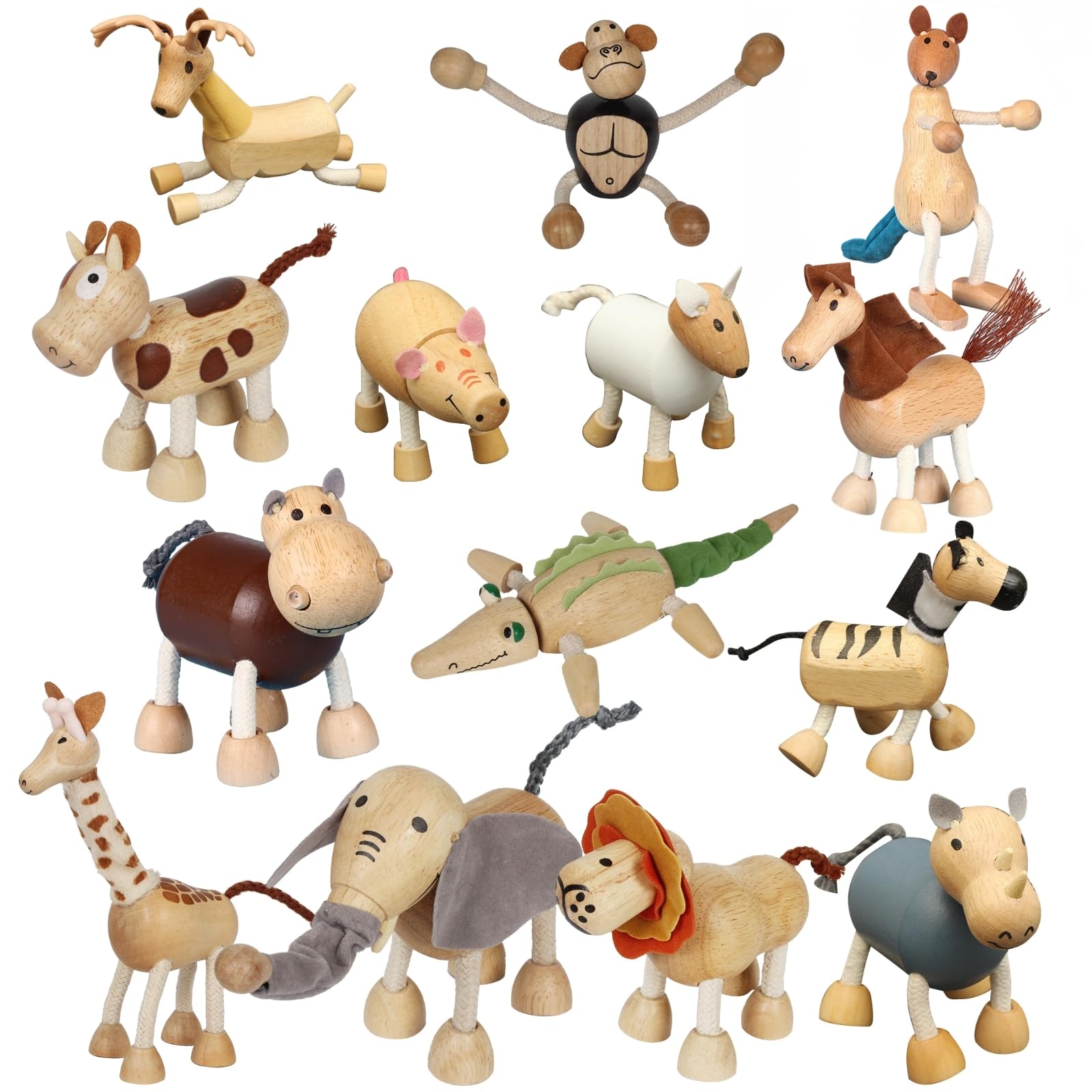 Bendable Wooden Animal Figurines, Smooth Natural Wood Zoo Farm Jungle Safari Animals Figures, Preschool Learning & Education Toy