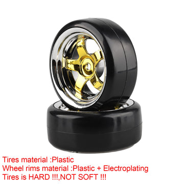 Shaluoman Plating 5-Spoke 12mm Hub Wheel Rims with Hard Plastic Tires for RC 1:10 Drift Car Gold