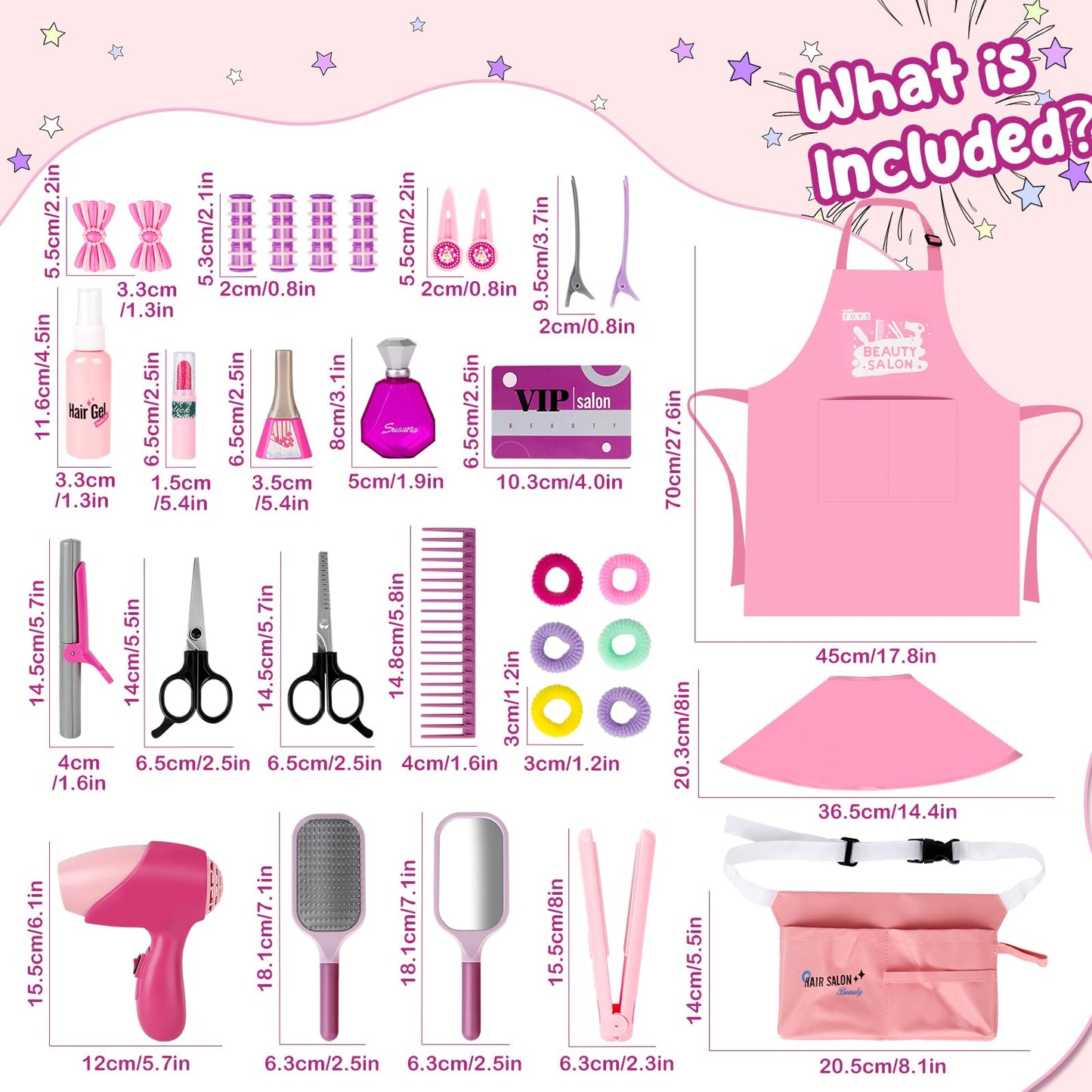deAO Girls Beauty Salon Set, 32PCS Kids Beauty Salon Toy Kit,Pretend Play Hair Stylist Toy Kit with Hairdryer, Barber Costume Ap