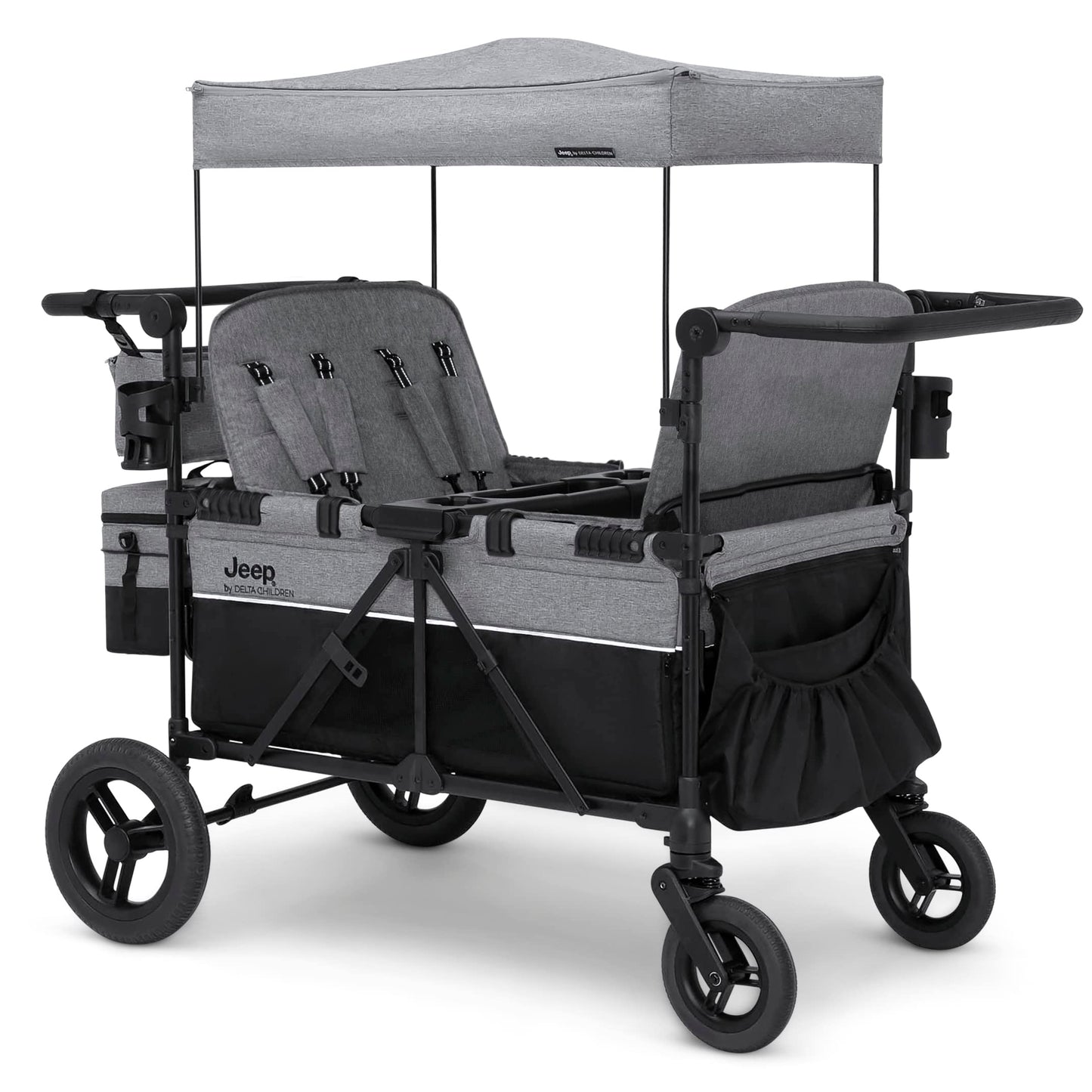 Jeep Wrangler Deluxe 4 Seater Stroller Wagon by Delta Children - Premium Grey Quad Stroller with Convertible Seats & Removable Canopy
