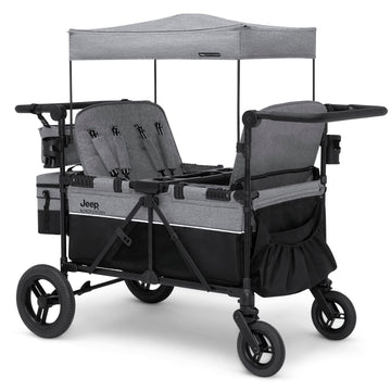Jeep Wrangler Deluxe 4 Seater Stroller Wagon by Delta Children - Premium Grey Quad Stroller with Convertible Seats & Removable Canopy