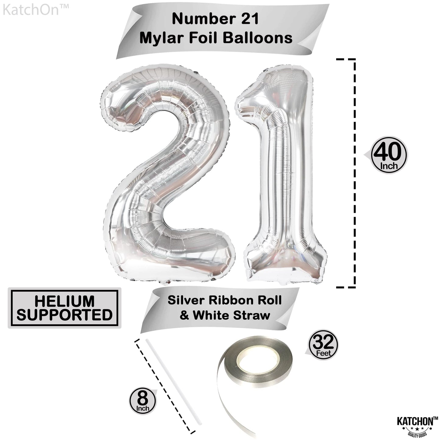 Katchon, Big Silver 21 Balloon Number - 40 Inch | Silver 21 Number Balloons For 21St Birthday Decorations | 21 Birthday Balloons, 21St Birthday Decorations For Her | Finally 21 Birthday Decorations