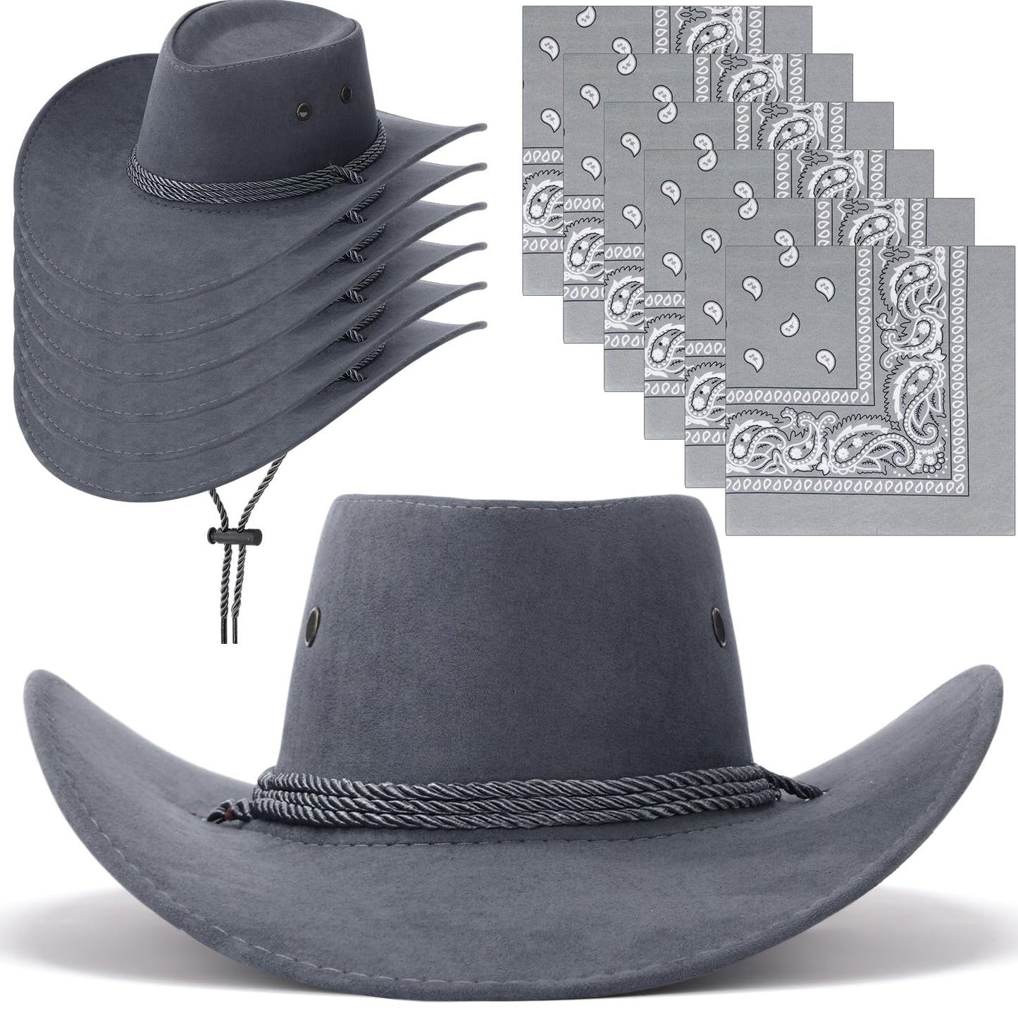 Zhanmai 12 Pcs Cowboy Hat and Bandana Cowboy Cowgirl Hats Bulk Western Party Costume Halloween Accessory(Grey,Polyester)