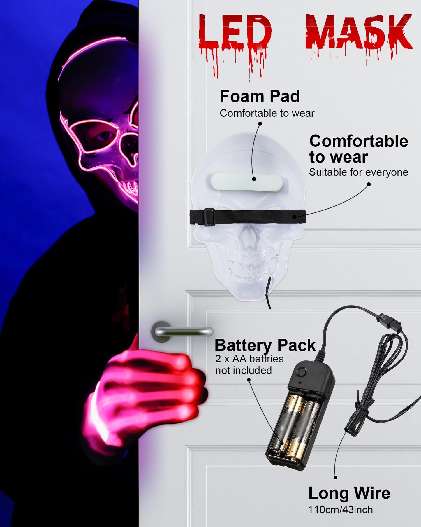 Sumind Halloween LED Mask Scary LED Skeleton Mask Purge Hacker Mask Glow in The Dark Mask for Halloween Costume Party(Pink)