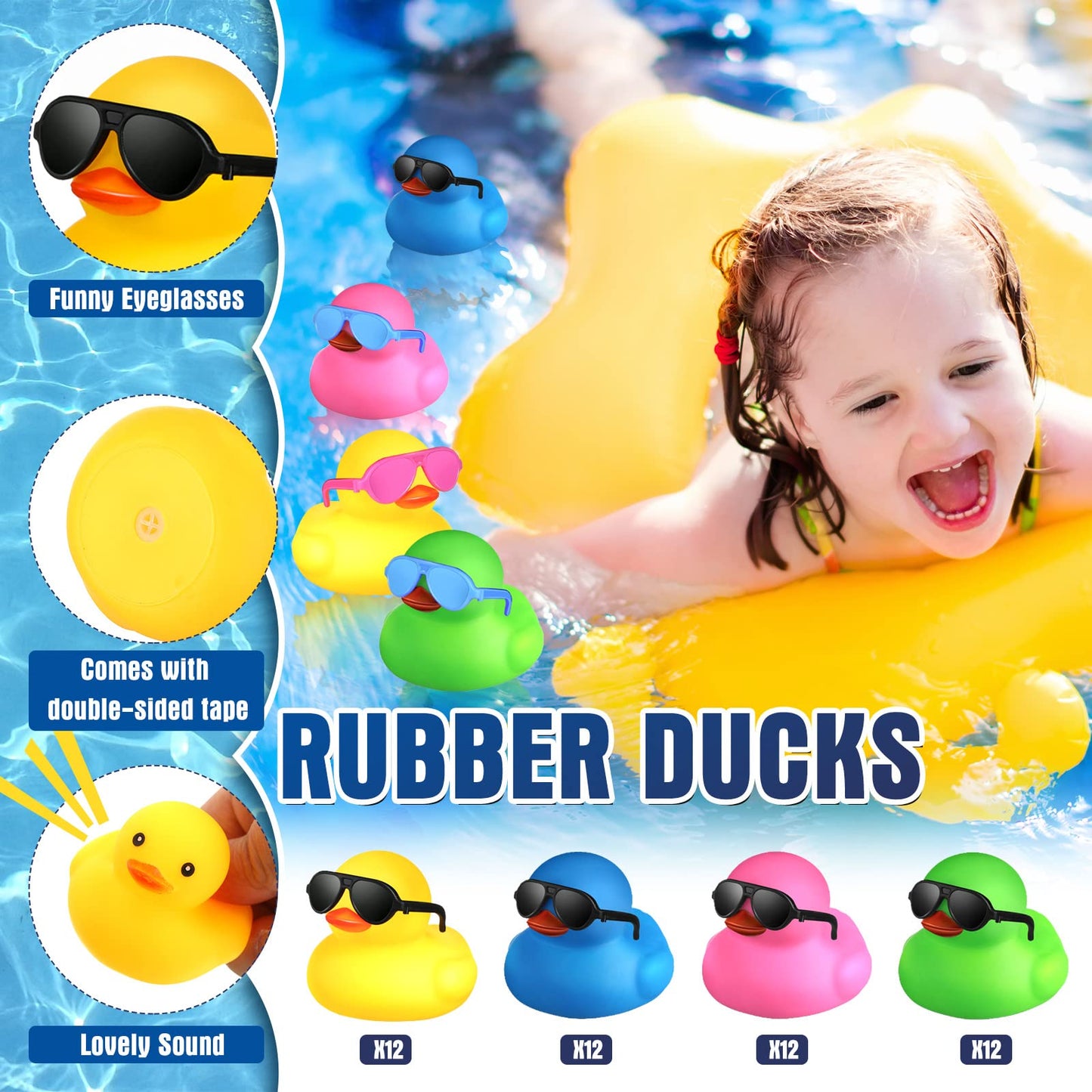Chivao 48 Pcs Mini Rubber Ducks Bath Duck In Bulk 48 Sunglasses Toy Set Christmas Valentine Duck Gift Bath Toy Bathtub Toys For Gift Holiday Cruise Birthday Party Favor(Mixed Color)