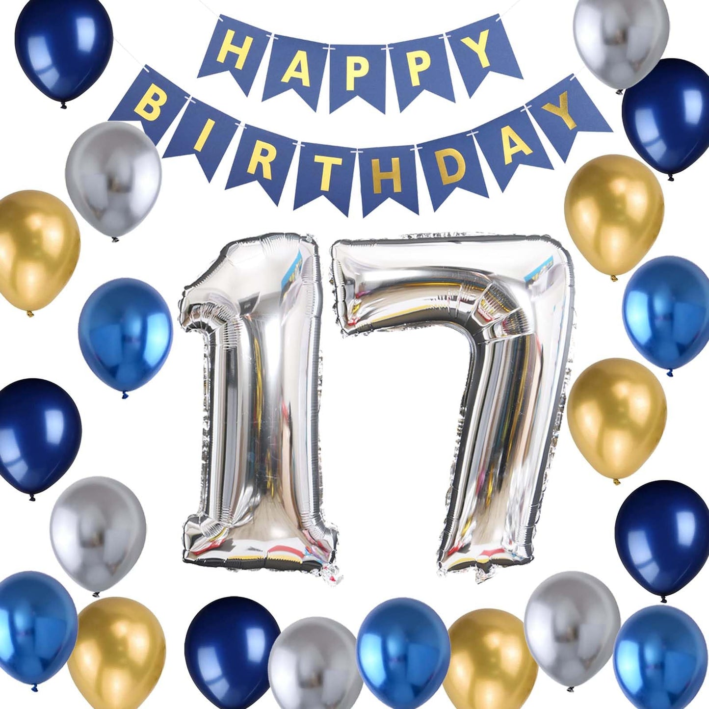 17Th Birthday Party Decoration For Boys, Happy Birthday Banner Blue Number 17 Birthday Balloons Metallic Silver Blue Gold Latex