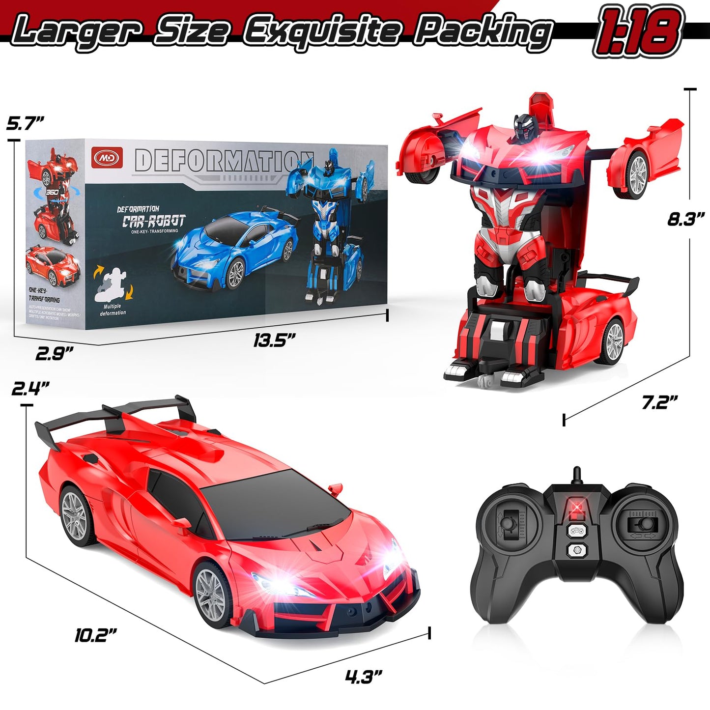 Qumcou Remote Control Car,Transform Robot RC Cars with Cool LED Headlights, 2.4Ghz Toys Car with 360 Degree Rotation and One-But