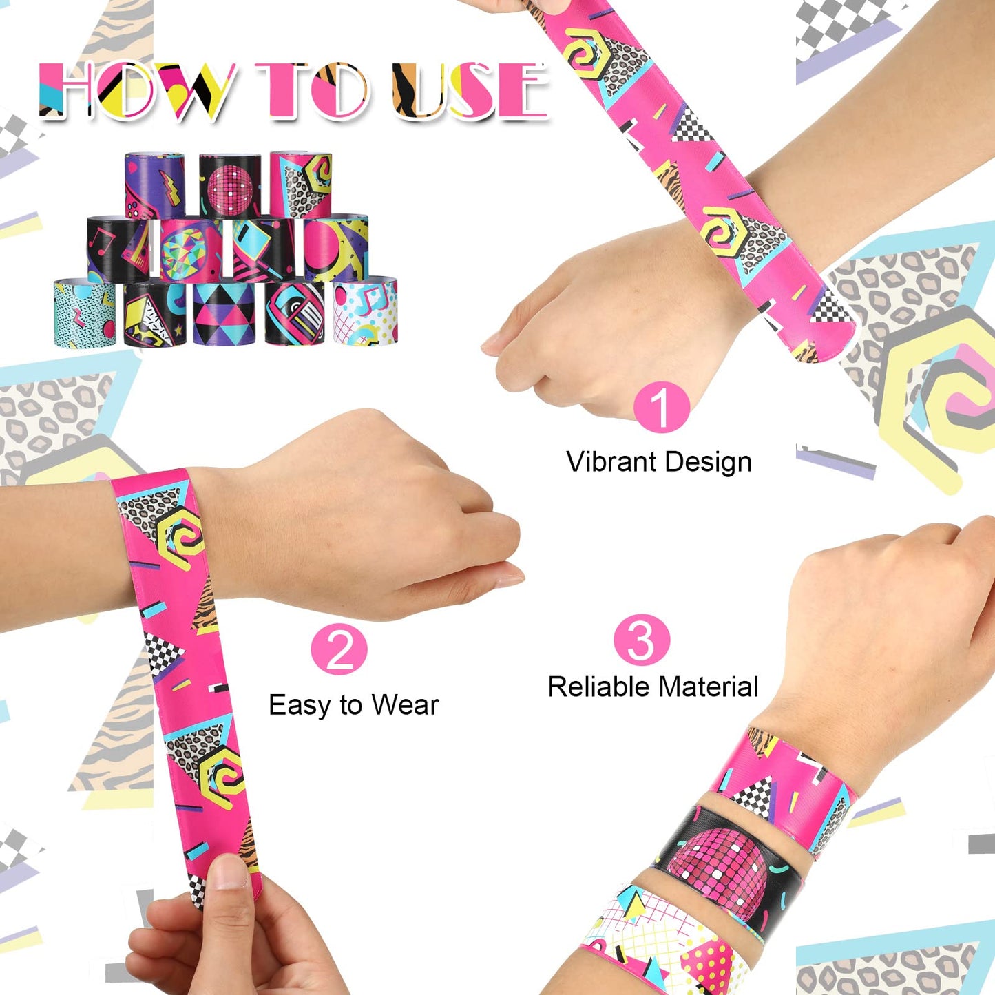 Sosation 60 Pcs 80s 90s Party Slap Bracelets Favors Decorations Slap Wristbands Retro Theme Bracelet Snap Bands Snap Bracelets f