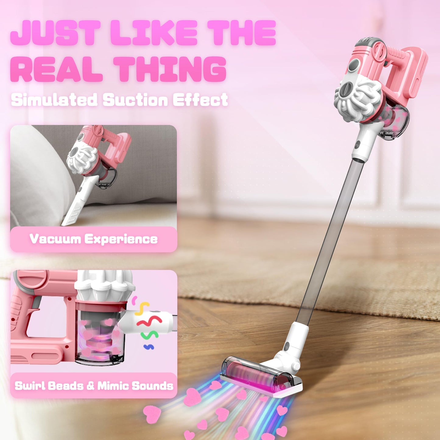 SMILESSKIDDO 3-in-1 Kids Vacuum That Really Works - Toy Vacuum Includes 3 Nozzles, Apron, Cleaning Cloth, Duster & Colorful Bead