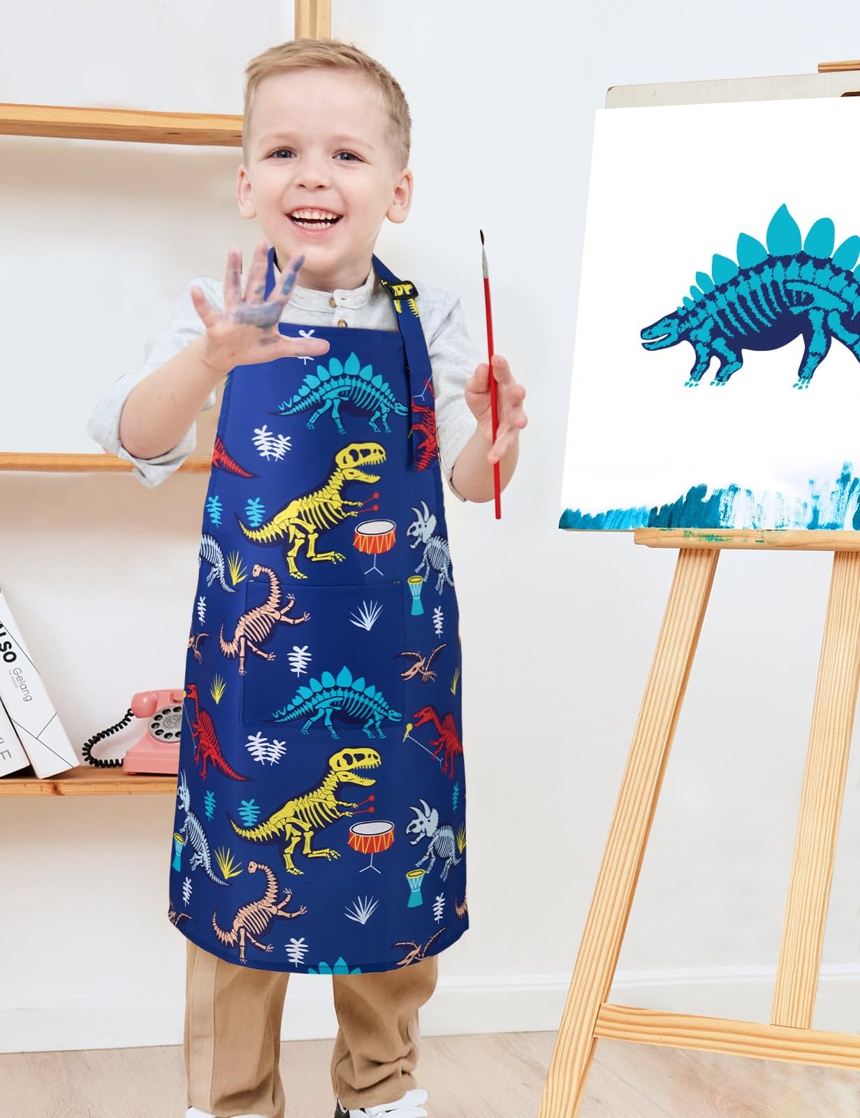 Wernnsai 2 Pack Kids Aprons - Dinosaur Kids Art Aprons For Boys Waterproof Toddler Chef Aprons Cooking Baking Painting Gardening Apron For Kids With Pocket Kitchen Classroom Art Smocks Age 6-10 Years