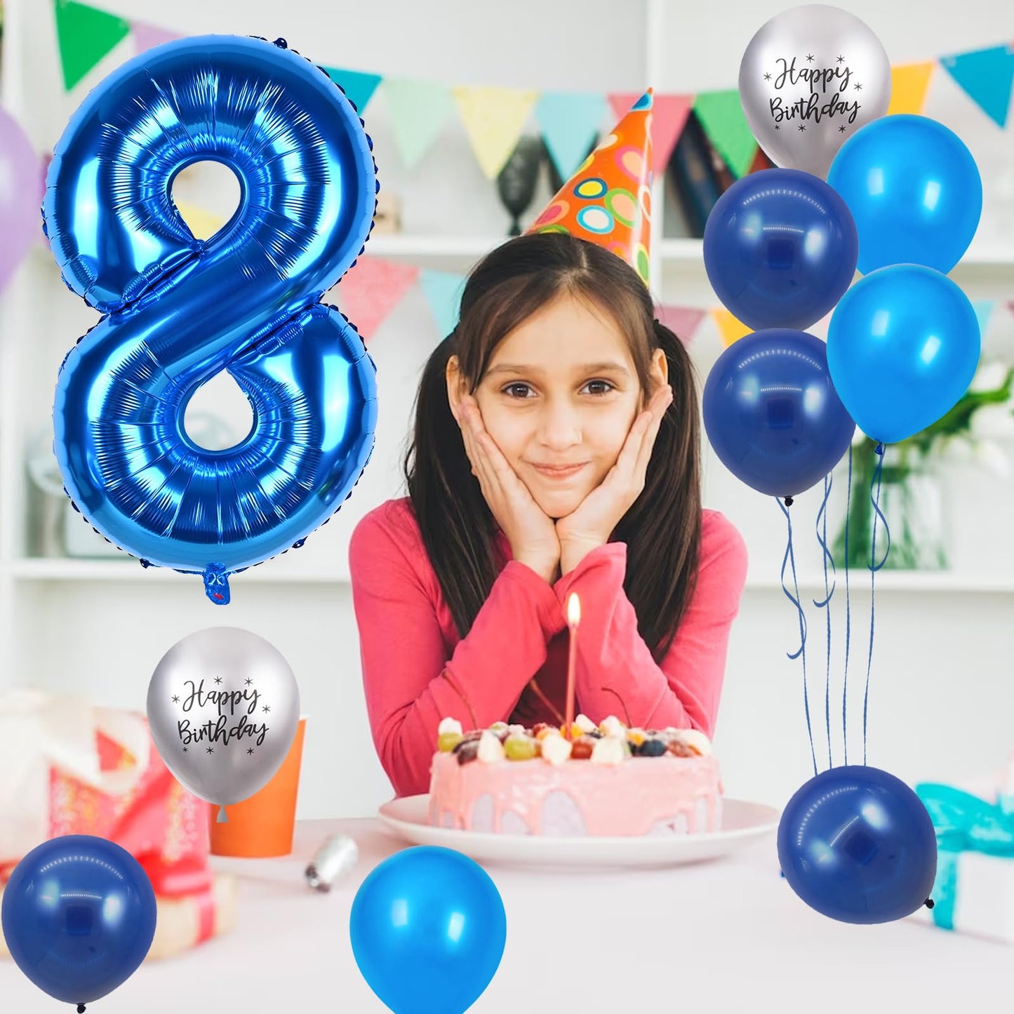 FunHot 40 Inch Blue Number 8 Balloon, Rubber Latex, 11Pcs Silver Print, 8th Birthday Party Decorations