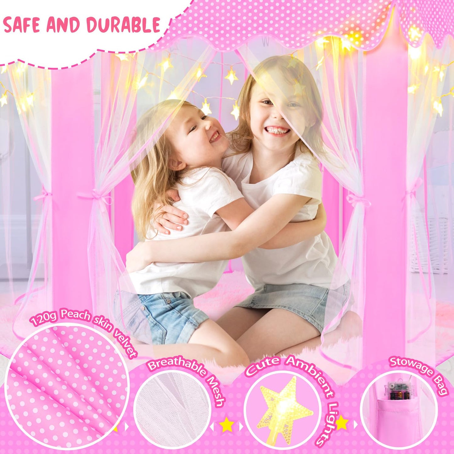 Kixinwa Pink Princess Tent For Girls, Kids Play Tent With Led Small Star Lights, Castle Playhouse Tent For Children Toddlers Ind