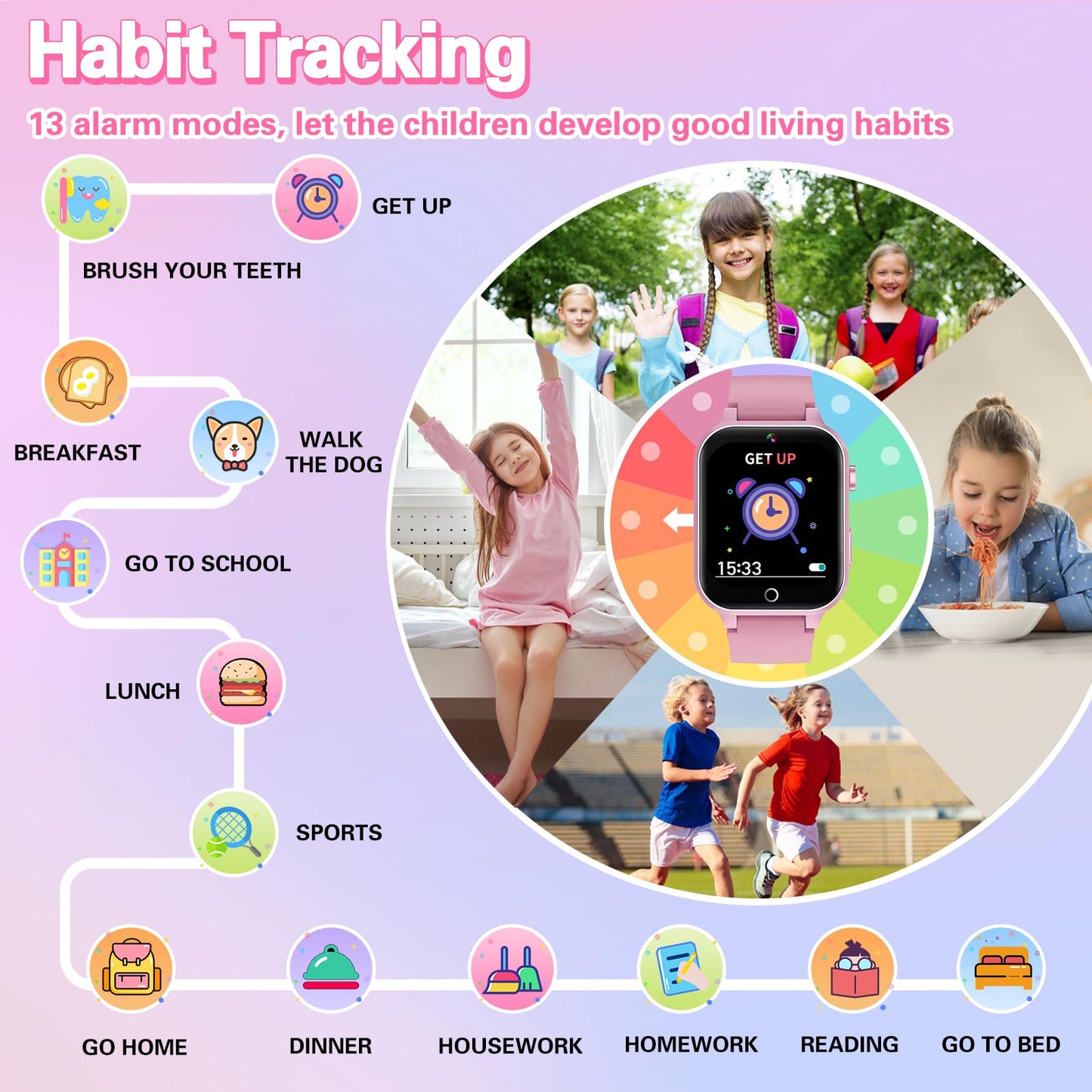 Vakzovy Kids Smart Watch for Girls 6-12, Pink HD Touchscreen, 26 Games, Video Camera, Music, Pedometer - Educational Birthday Gift