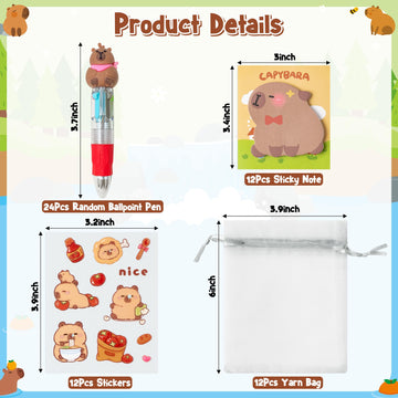 CY2SIDE Capybara Stationery Party Gift - 12 Pack Fun Animal Prizes Set Include 4-in-1 Ballpoint Pens Sticky Note Sticker and Org