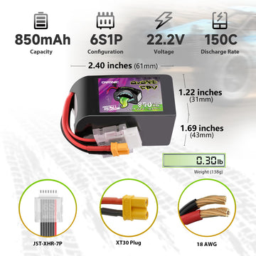 OVONIC 6S Lipo Battery150C 850mAh 22.2V Lipo Battery with XT30 Connector for RC Racing FPV Drone Helicopter Quadcopter Airplane