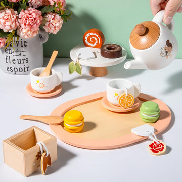 OMYBaby Wooden Tea Set for Little Girls, 19pcs Tea Party Playset with Teapot, Tea Cups, Dessert Stand, Macaroons, Cakes & Tray,