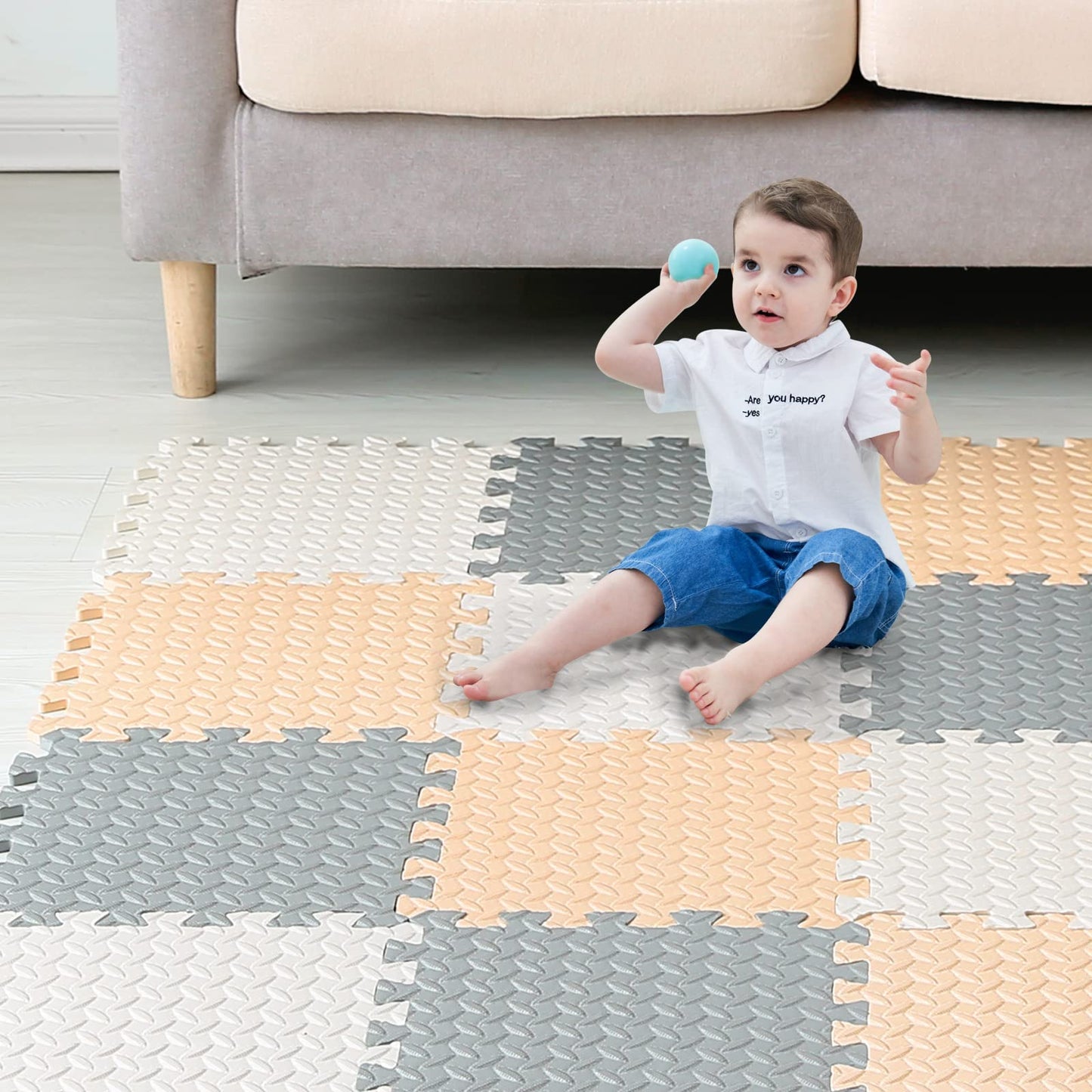 Tamiplay Foam Floor Mats For Kids, 12 X 12 Inch 16 Tiles 0.4' Thickness Foam Play Mat, Non-Toxic Square Interlocking Floor Mats Rubber Baby Play Mat For Toddlers(White/Beige/Gray)