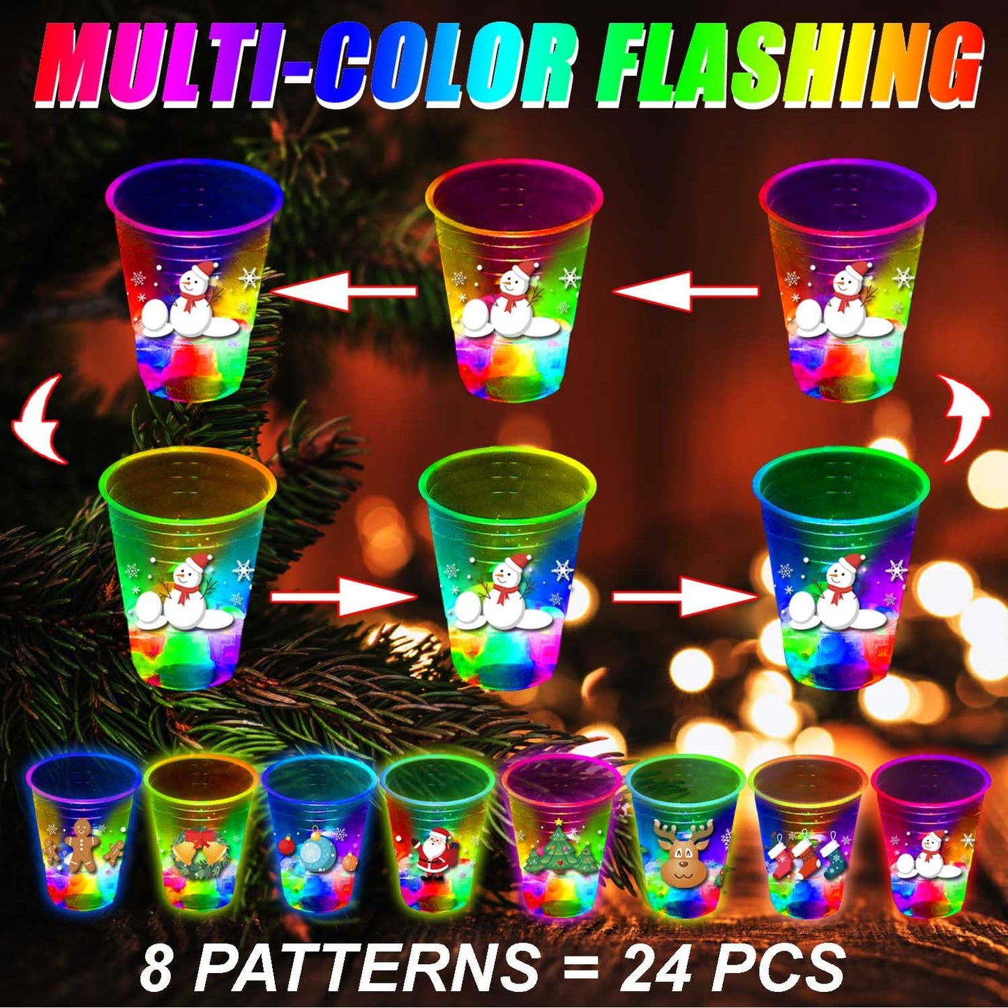 24 Pcs Christmas Party Cups,Glowing Christmas Flashing Theme Party Cups,Decoration Cups for Christmas Party Supplies, Party Favo