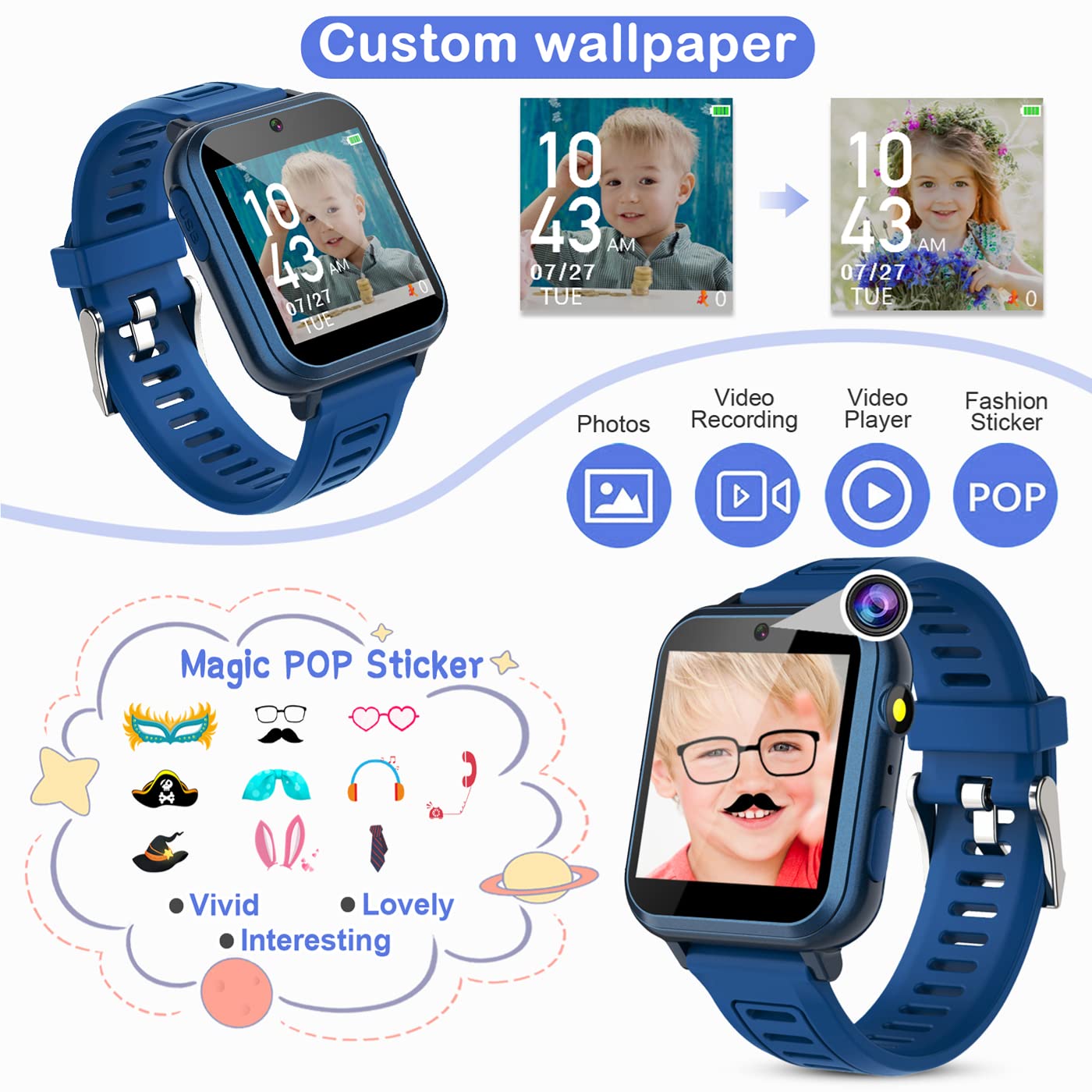 Smart Watch For Kids With 24 Puzzle Games Hd Touch Screen Camera Music Player Pedometer Alarm Clock Calculator Flashlight 12/24 Hr Kids Watches Gift For 4-12 Year Old Boys Toys For Kids