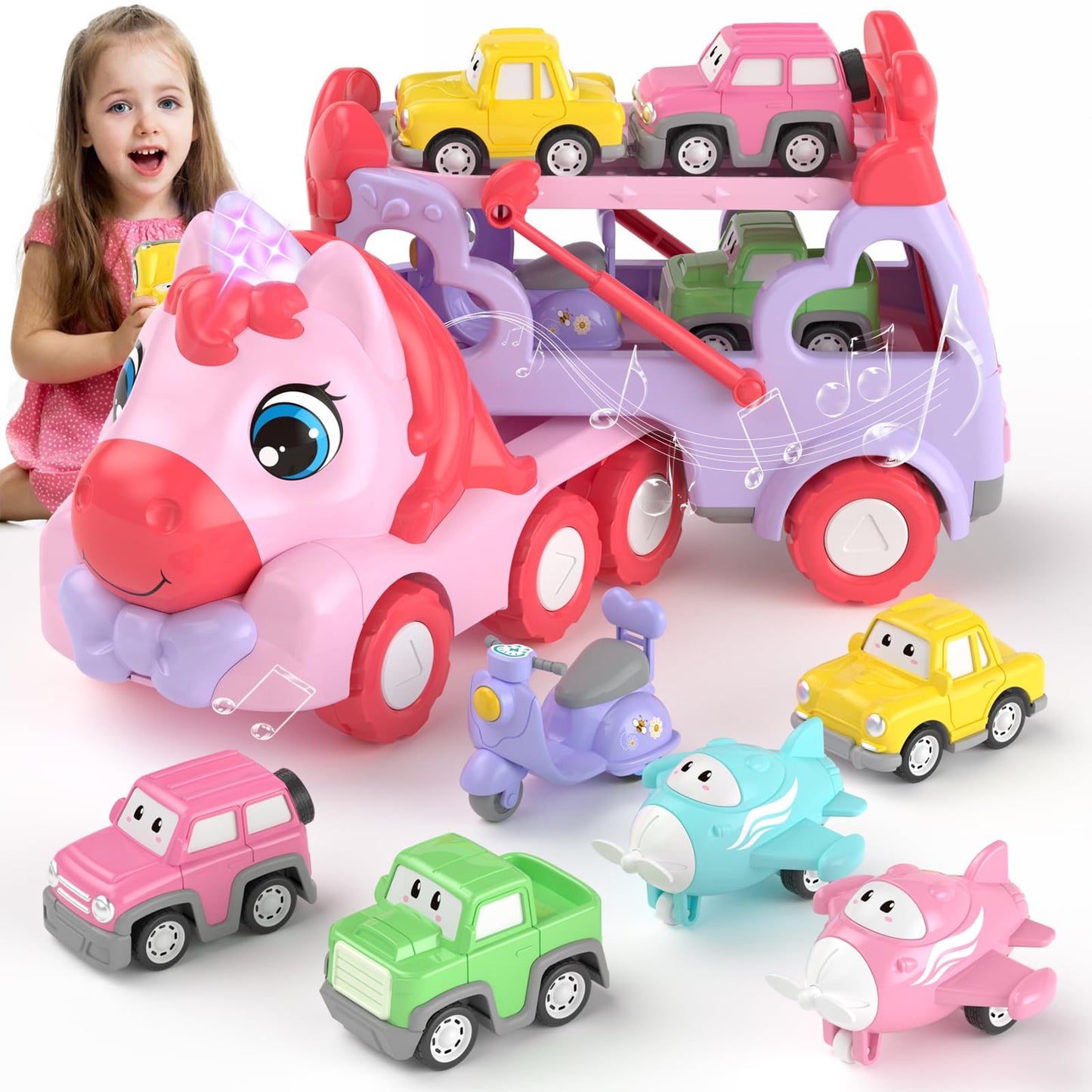 newcrave Toys for 1 2 3 Year Old Girl, 7-in-1 Unicorn Carrier Truck Toy for Girls, Toy Cars with Light & Music, Toddler Girl Toy