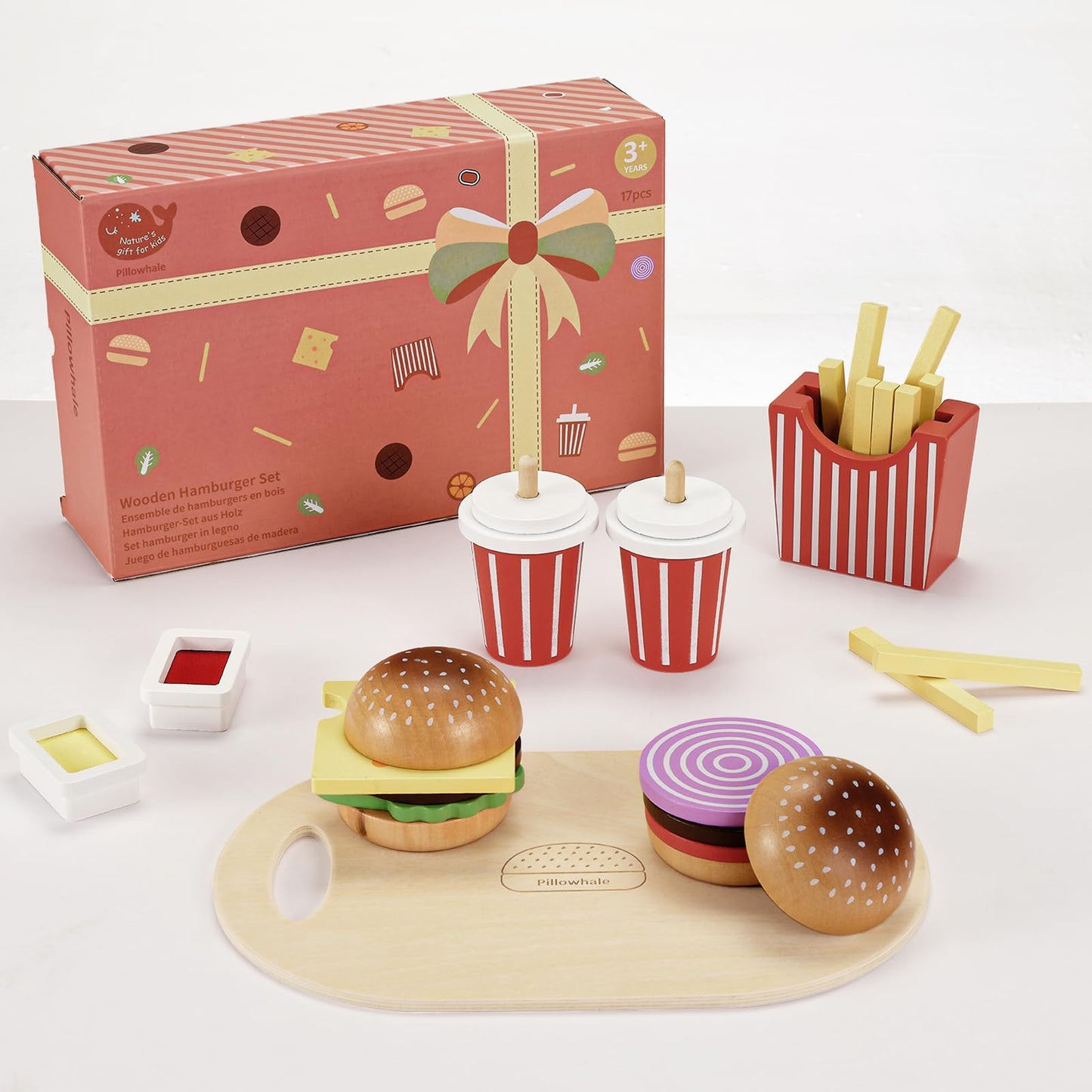 Pillowhale Wooden Play Food Toy For Kids Pretend Play Kitchen Accessories For Toddlers Wooden Play Fast Food Hamburger Set Educa