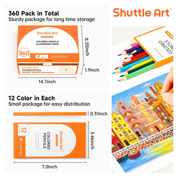 Shuttle Art 360 Pcs Colored Pencils Bulk, 12 Assorted Colors, Pack Of 30, Break-Resistant, Pre-Sharpened Colored Pencils For Kids, Bulk Pack School Supplies For Teachers & Students