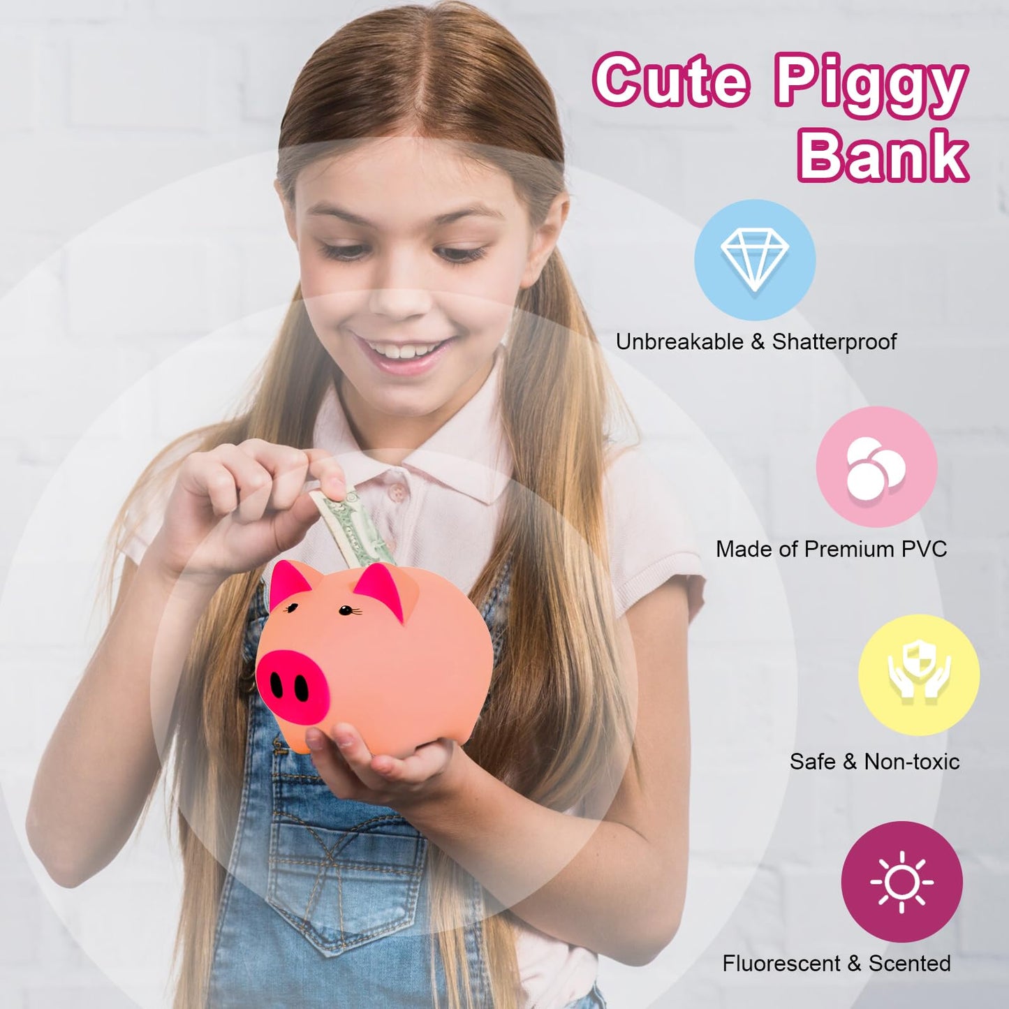 Girls Piggy Bank For Kids, Light Pink Plastic Piggy Bank Toy Cute, Unbreakable Piggie Bank Child, Toddler Money Bank Practical Money Saving Alcancia Luminous For Birthday, Christmas, Baby Shower