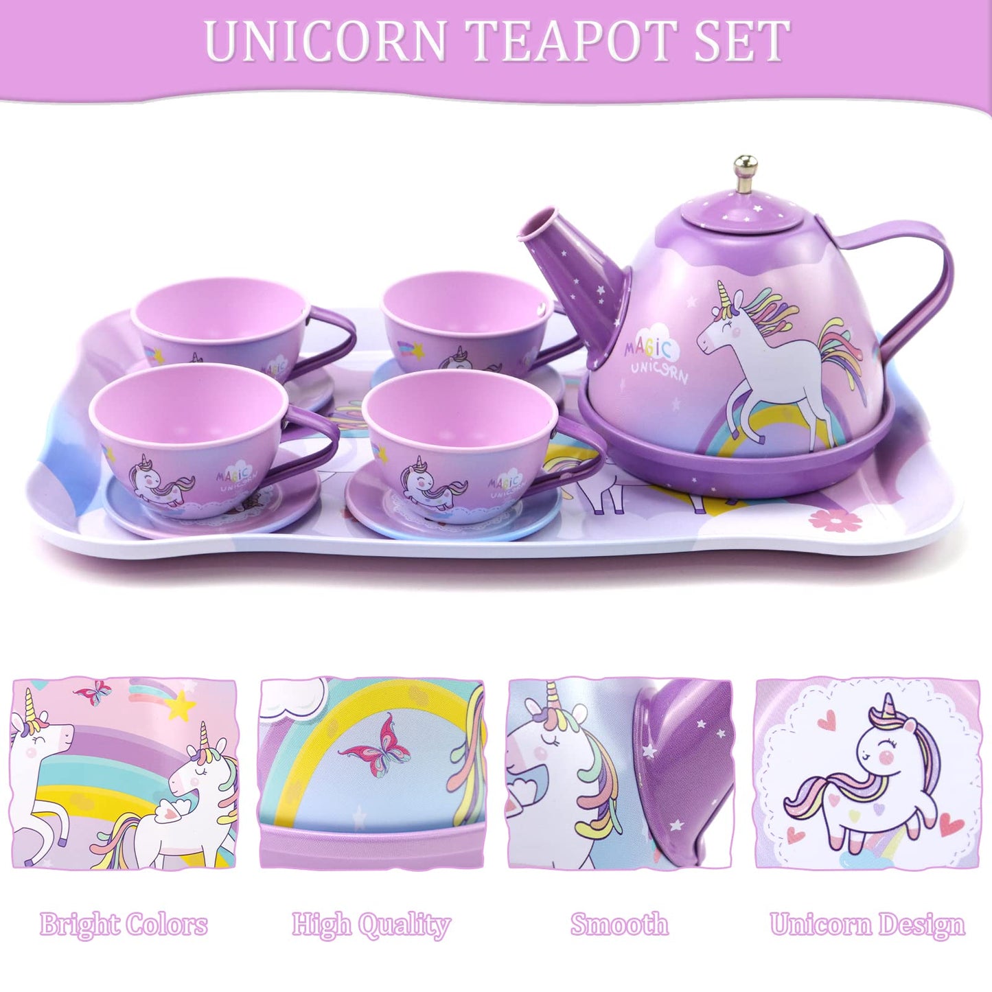 Motiloo 48Pcs Tea Set for Little Girls,Kids Pretend Toy Tin Tea Set and Carrying Case,Rainbow Magic Unicorn Design for Girls Pri