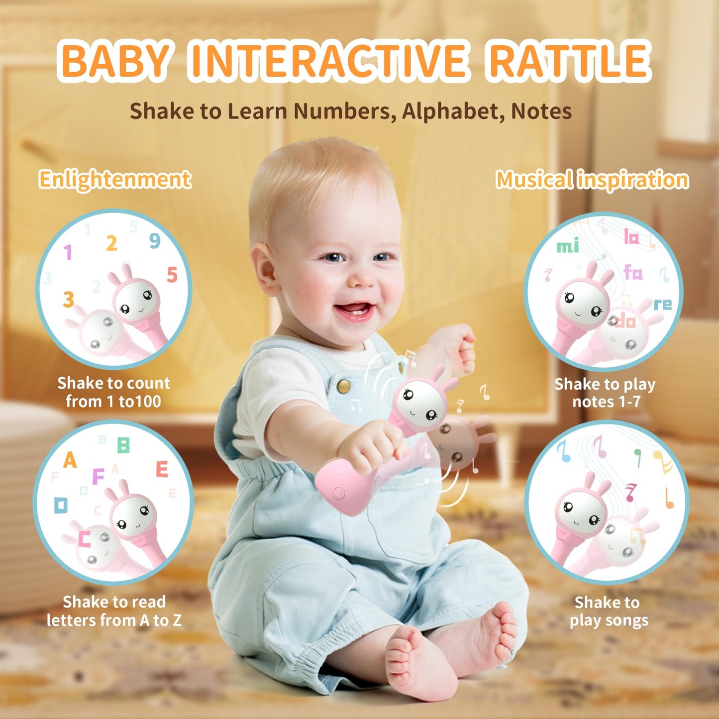 Alilo Yoyo Talking Bunny Baby Musical Light-Up Rattle Toys 0-6-12-18 Months, Voice Mimicking Toys, Preloaded 90+ Audio Content,