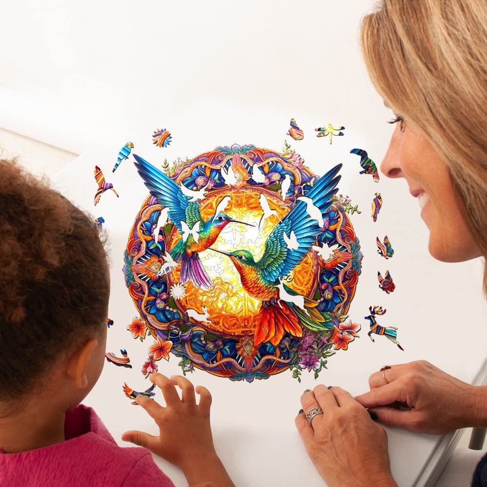 Woodbests Wooden Jigsaw Puzzle For Adults, Mandala Hummingbird Puzzle (L, 300Pcs, 13.8'X13.8') Beautiful Wooden Box, Puzzle Wood Unique Shape, Birthday Gifts For Adults And Kids Family Game