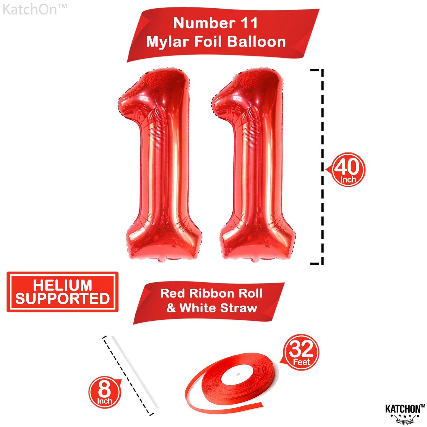 Katchon, Giant Red 11 Balloons Number - 40 Inch | 11 Year Old Balloon | Red 11 Balloon Number, 11Th Birthday Decorations For Boys | Red 11 Birthday Balloon For 11Th Birthday Party | 11Th Anniversary