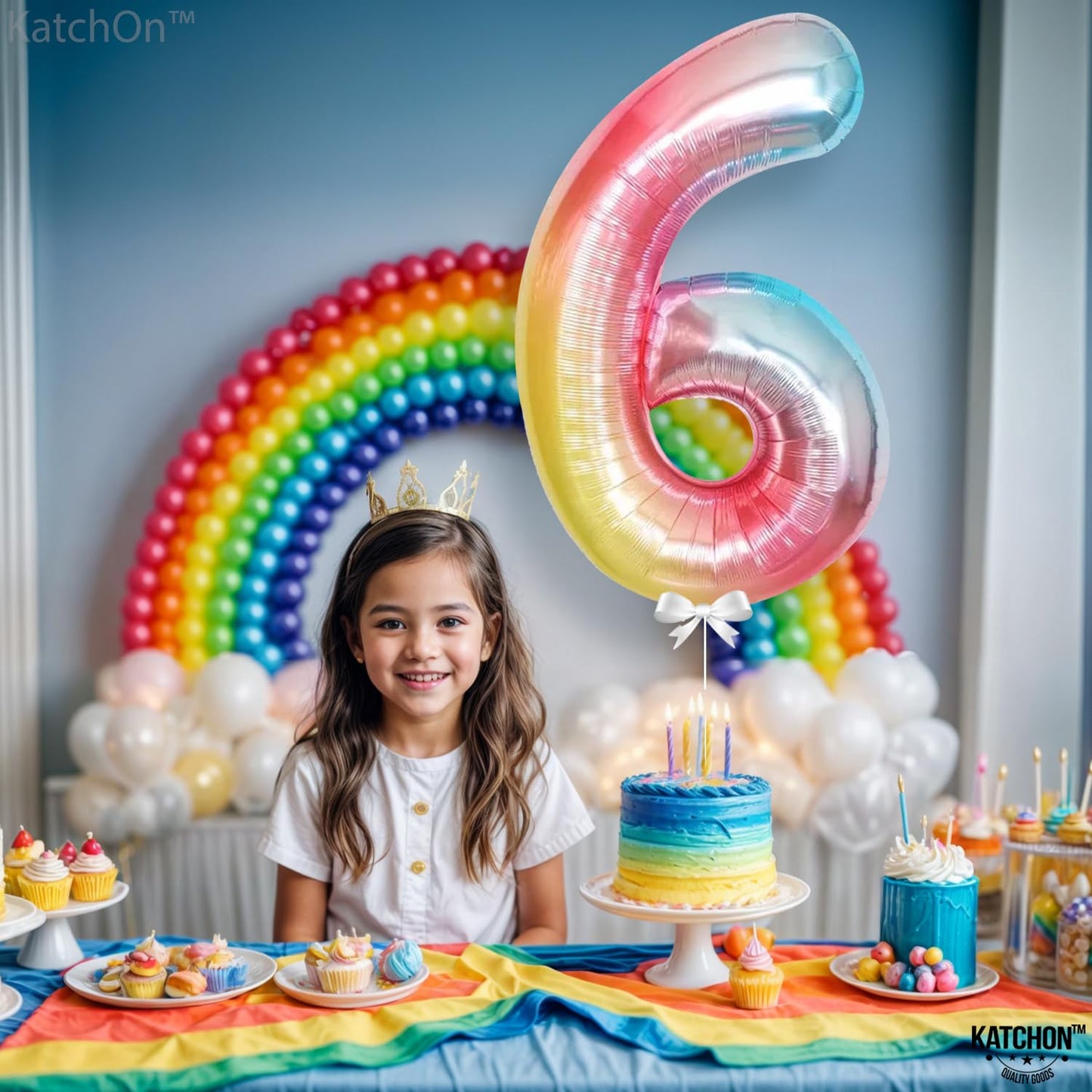KatchOn Giant Rainbow Number 6 Balloon - 40 Inch Mylar for 6th Birthday & Anniversary Decorations