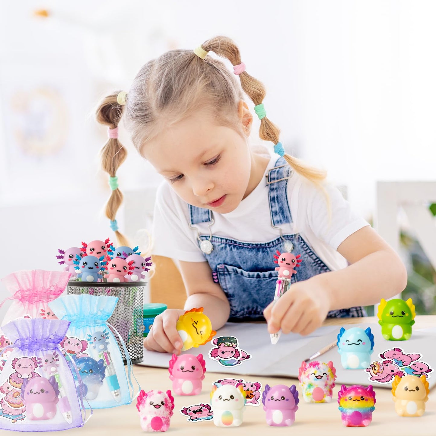CY2SIDE Axolotl Squeeze Toys Set - 12 Pack with Ballpoint Pens, Stickers, and Organza Bag - Cute Party Favors in Yellow, Pink, Green, White, Blue